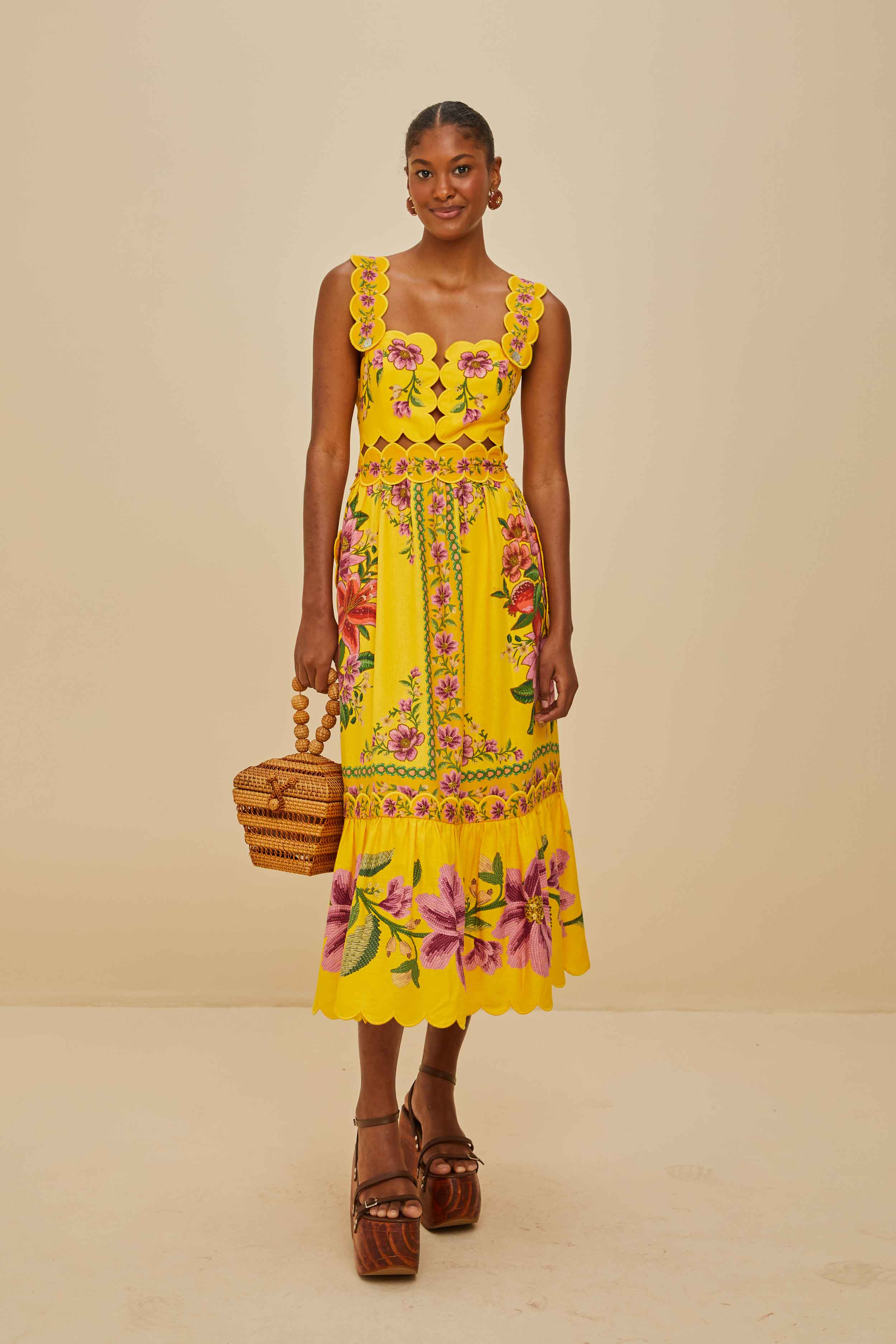 Yellow Summer Fruit Scarf Lenzing™ Ecovero™ Euroflax™ Midi Dress - 1
