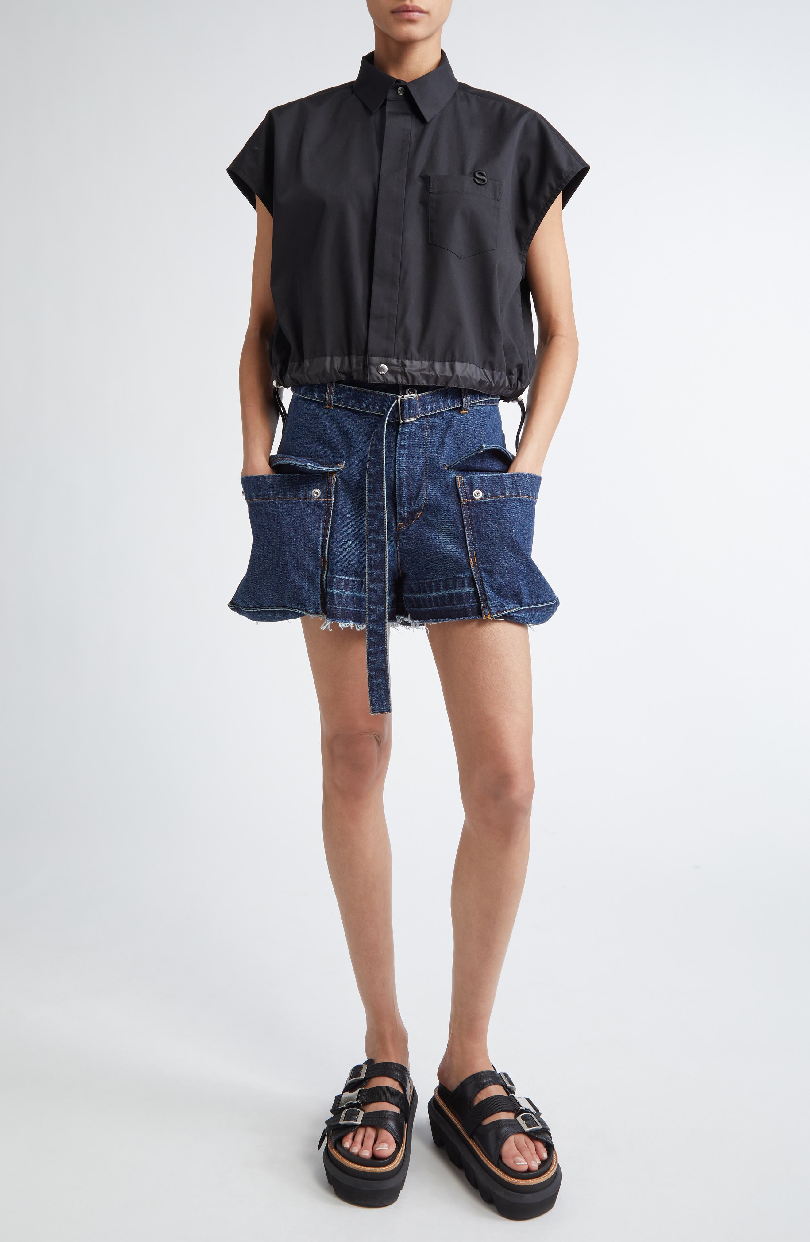 Sacai x Thomas Mason Mixed Media Top in Black 001 at Nordstrom - 2