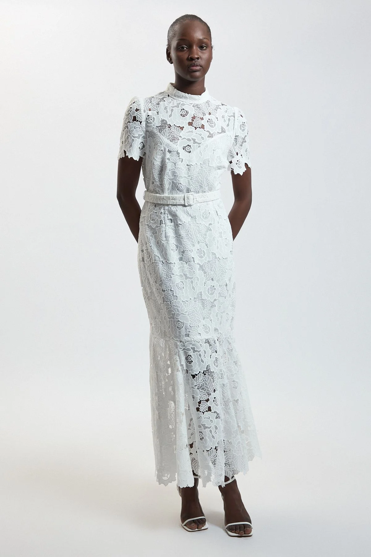 Guipure Lace High Neck Belted Midi Dress - 1
