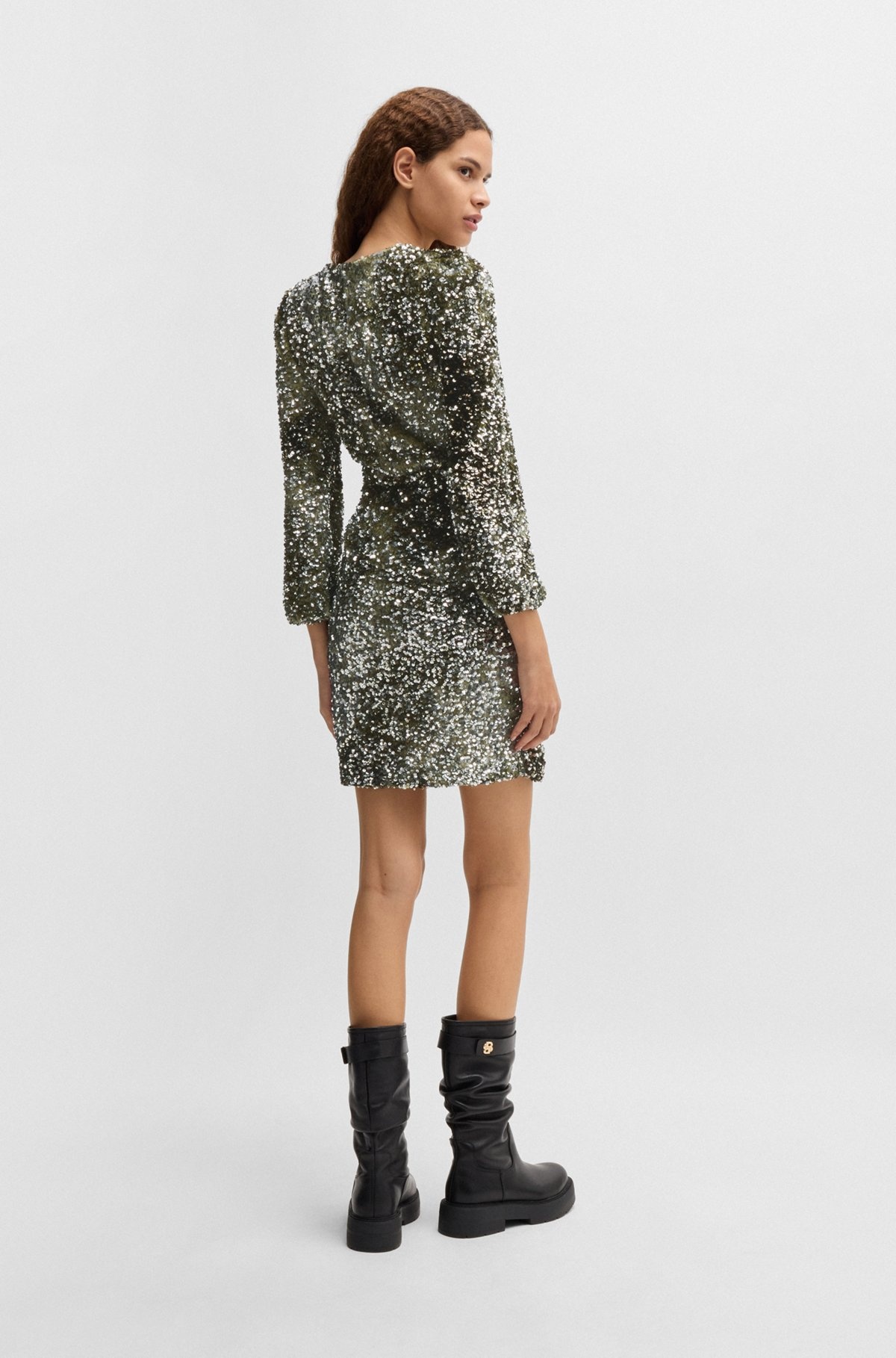 LONG-SLEEVED VELOUR DRESS WITH GATHERED DETAILS - 4