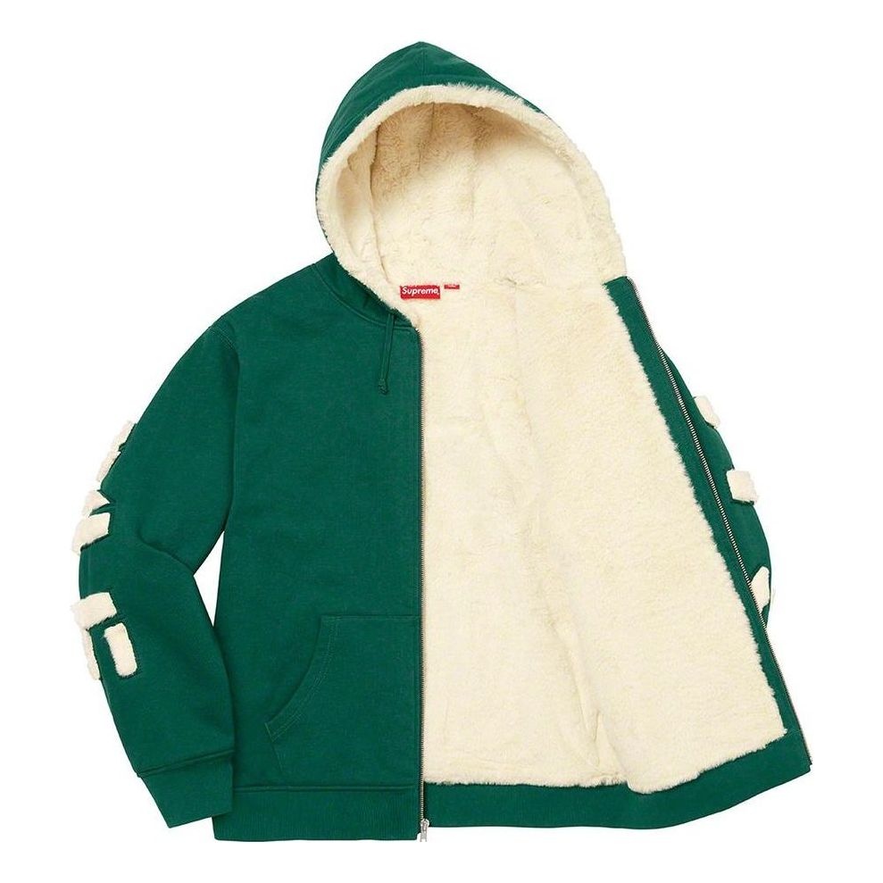 Supreme Faux Fur Lined Zip Up Hooded Sweatshirt 'Green White' SUP-FW22-813 - 3