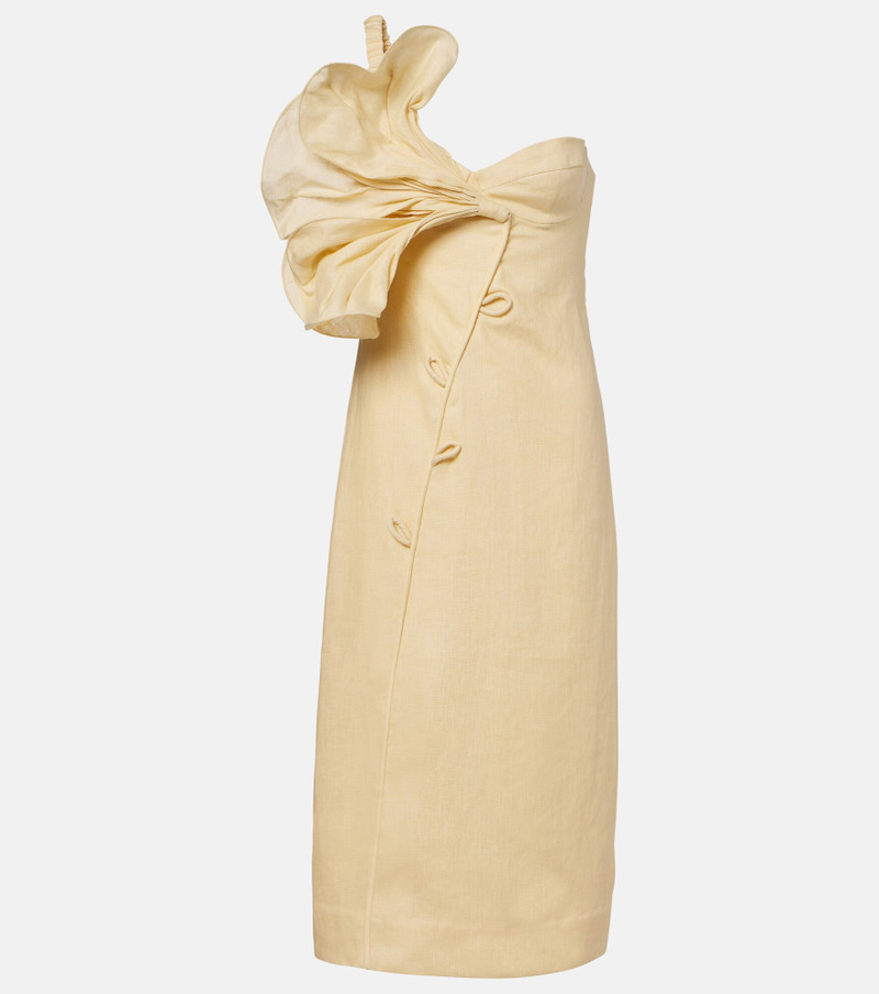 Foral-appliqué one-shoulder linen midi dress 1