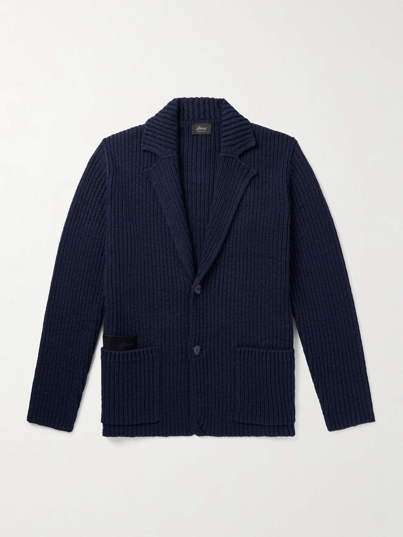 Suede-Trimmed Ribbed Cotton Cardigan 1