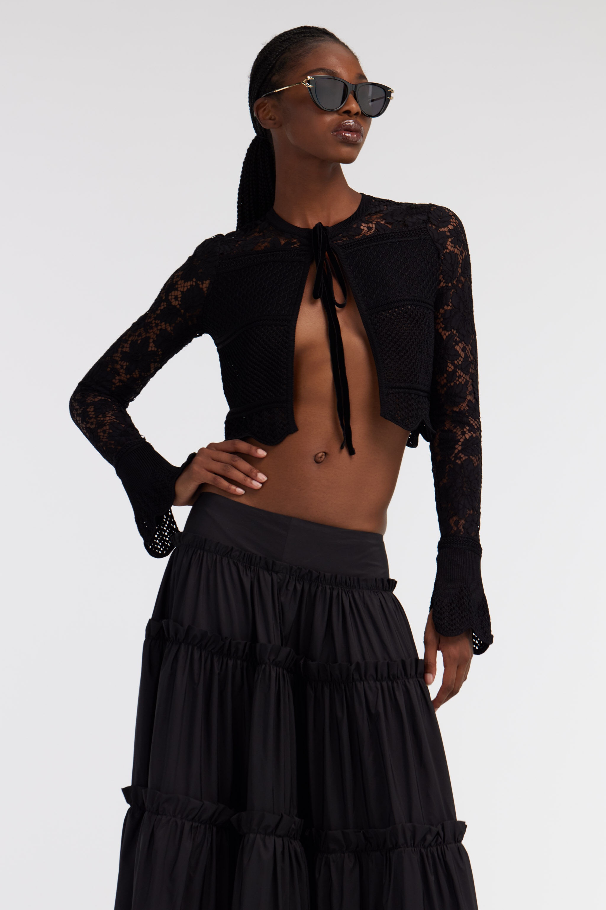 Black Lace Cardigan Tie Front - 5
