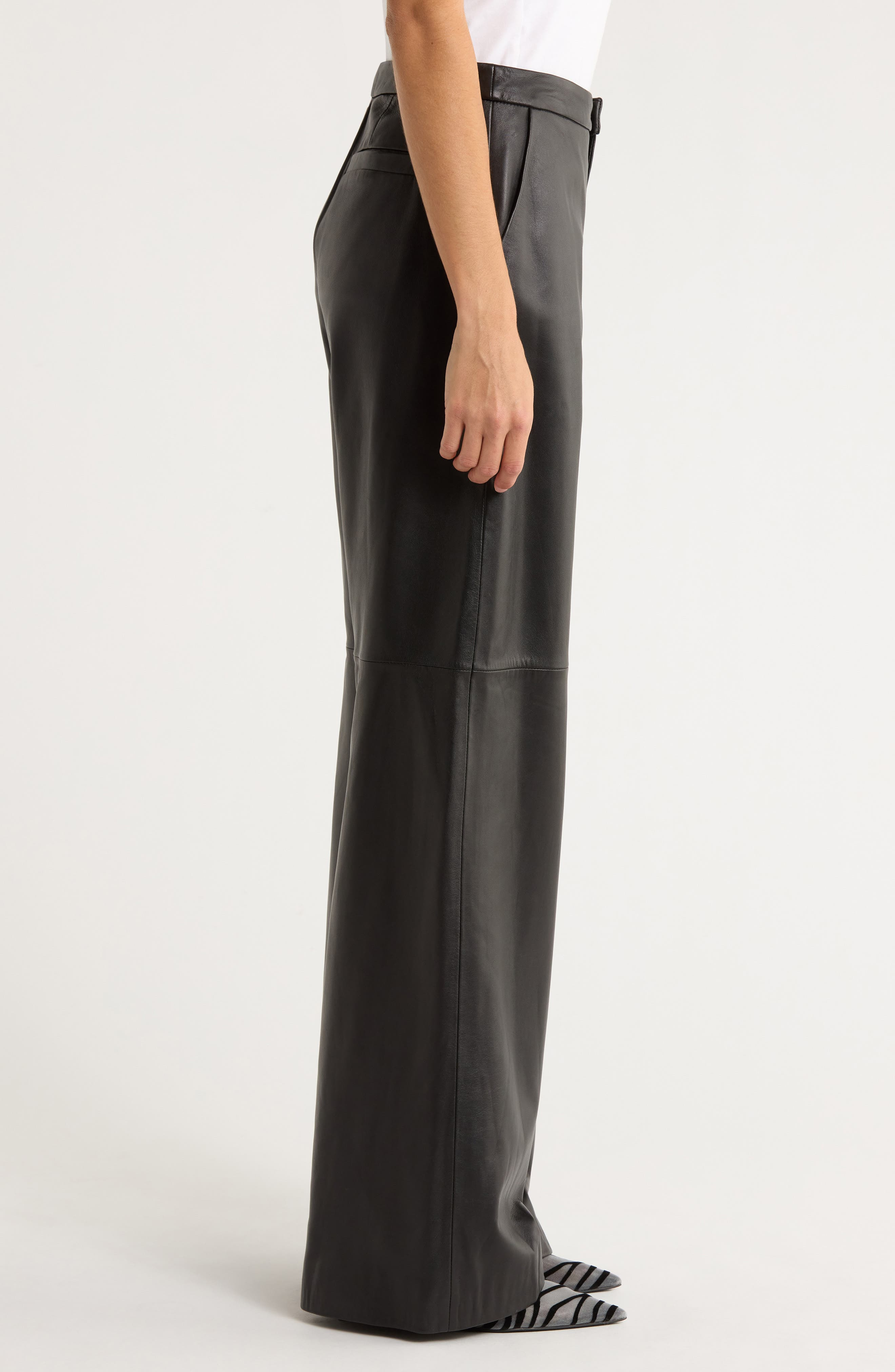 L'AGENCE Livvy Straight Leg Lambskin Leather Trousers in Black at Nordstrom - 3
