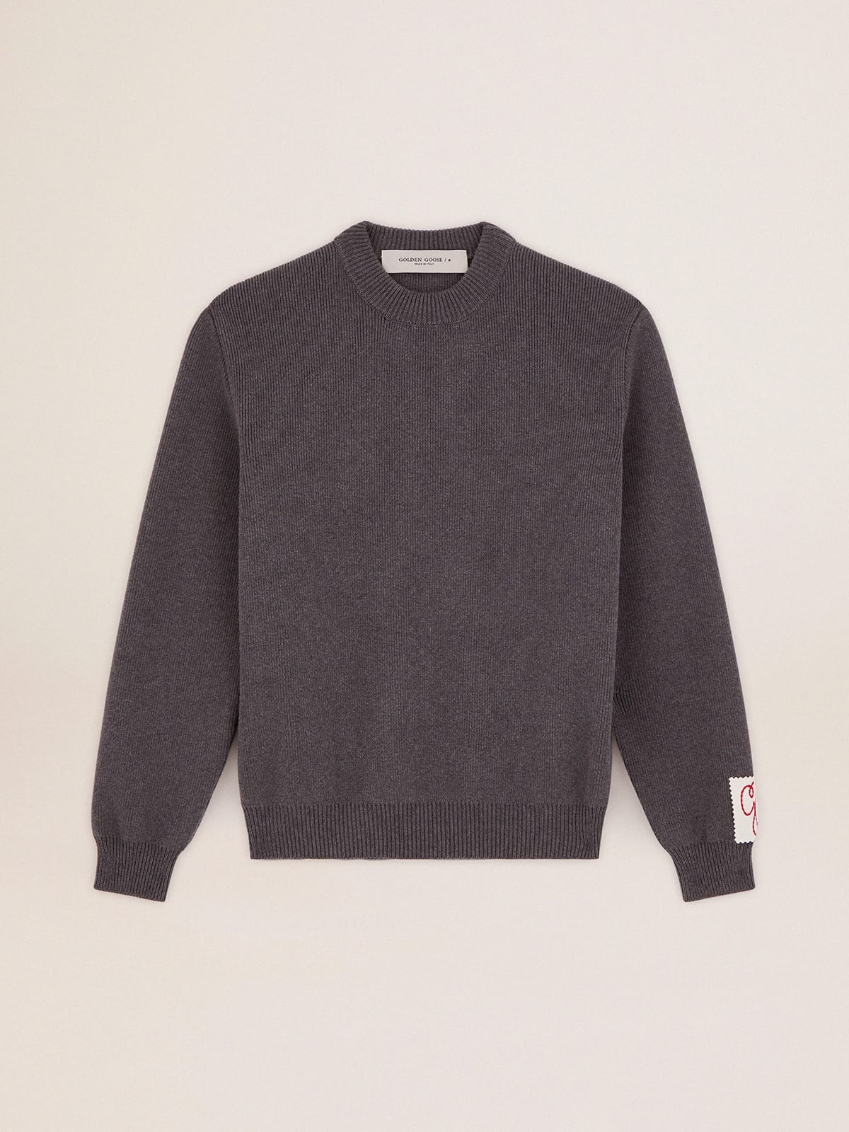 Women's round-neck sweater in dark gray cotton with logo on the back - 1