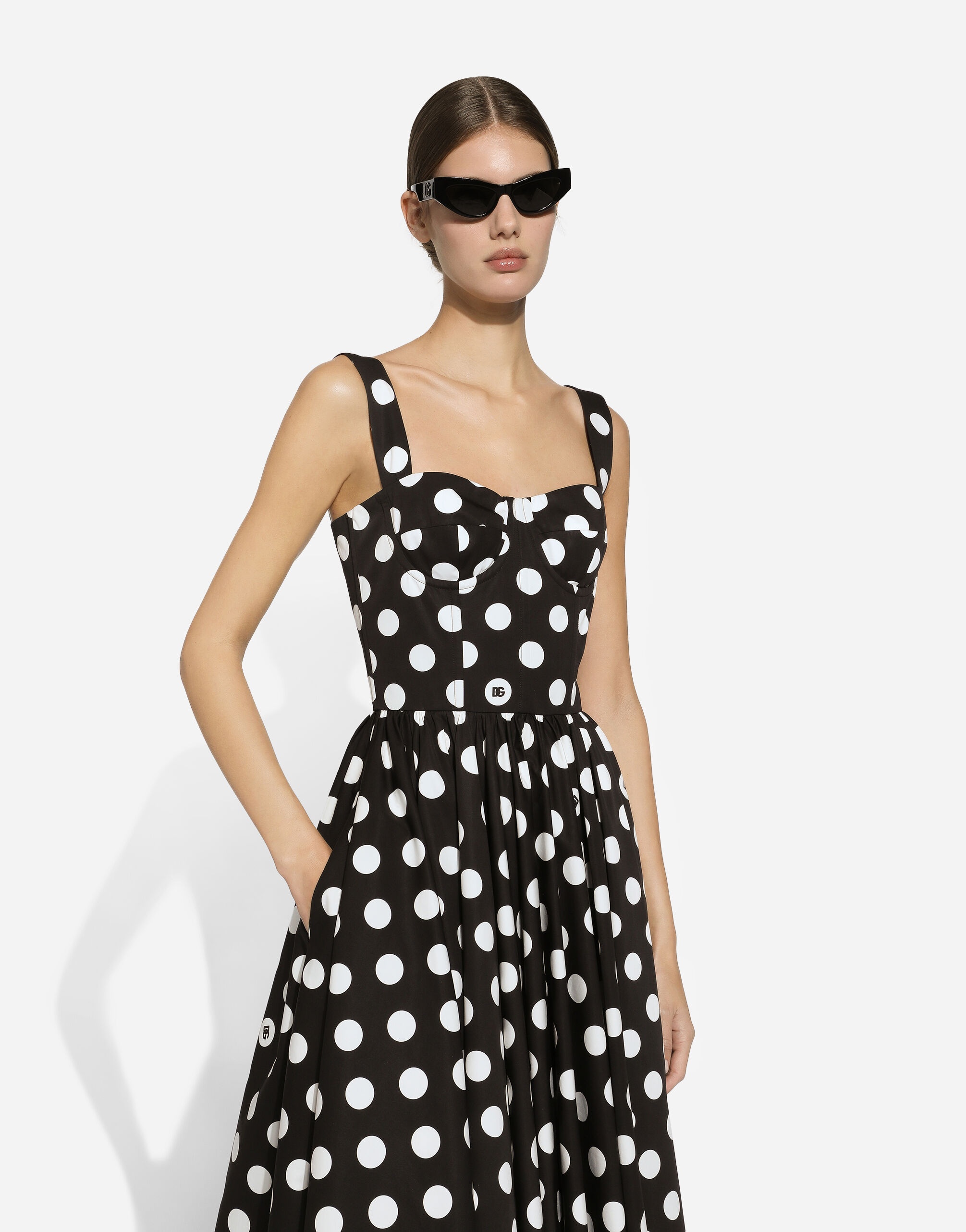 Cotton calf-length corset dress with polka-dot print - 4