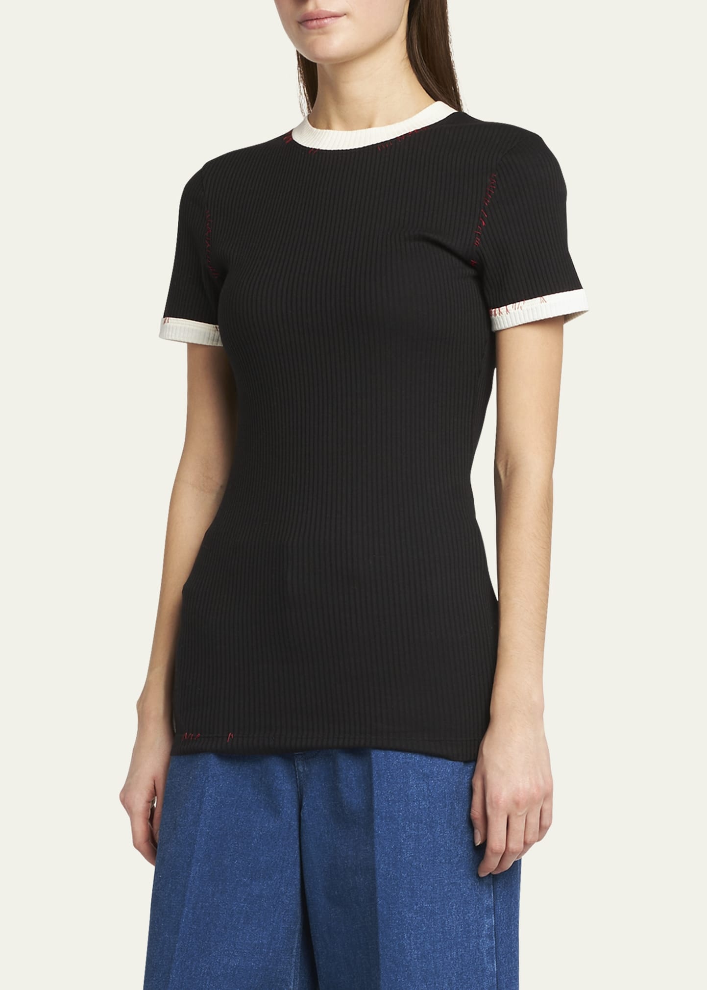 Contrast Rib-Knit Short-Sleeve Crewneck T-Shirt - 4