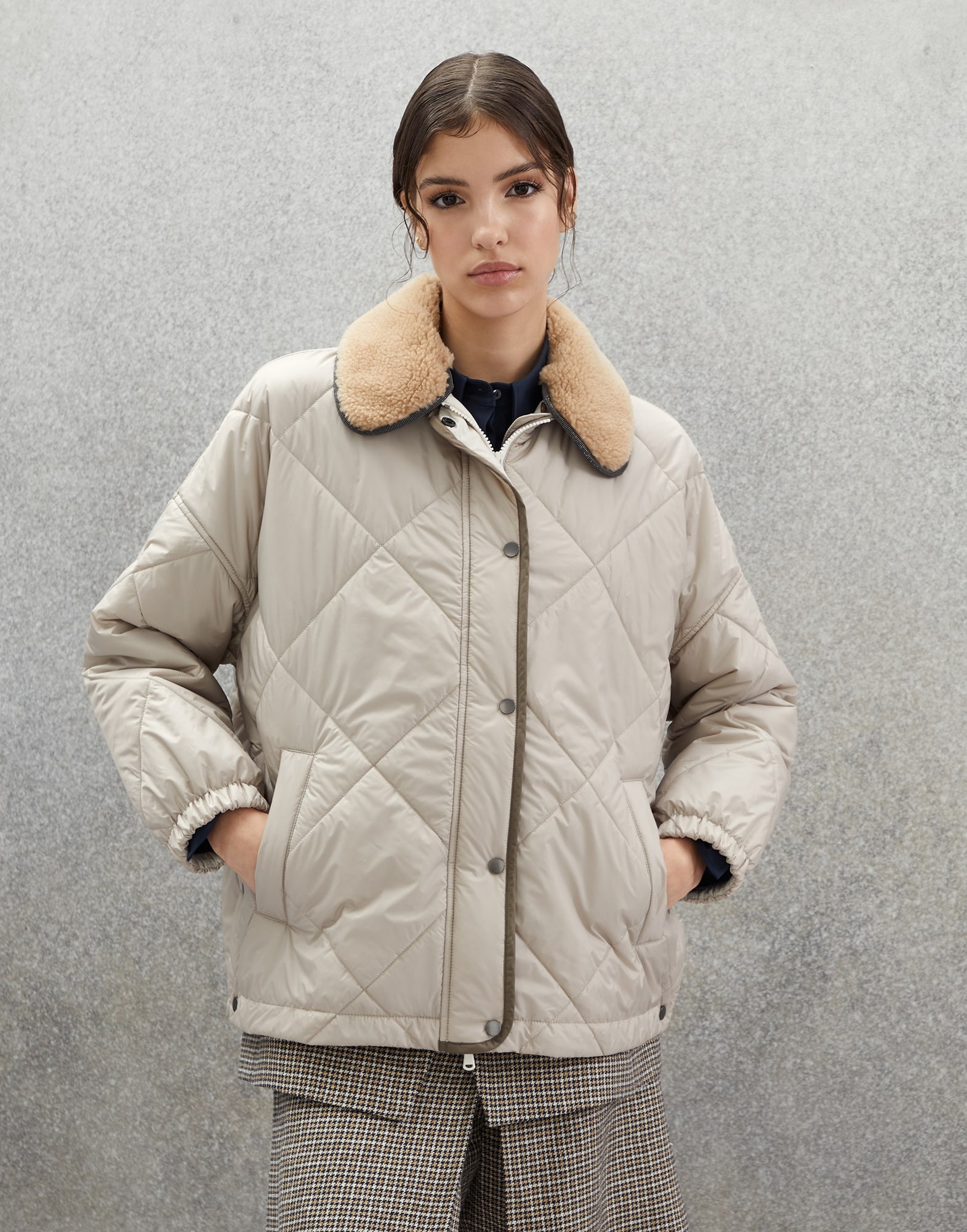 Water-resistant matte nylon quilted outerwear jacket with Thermore® padding, shiny trim and detachab - 1