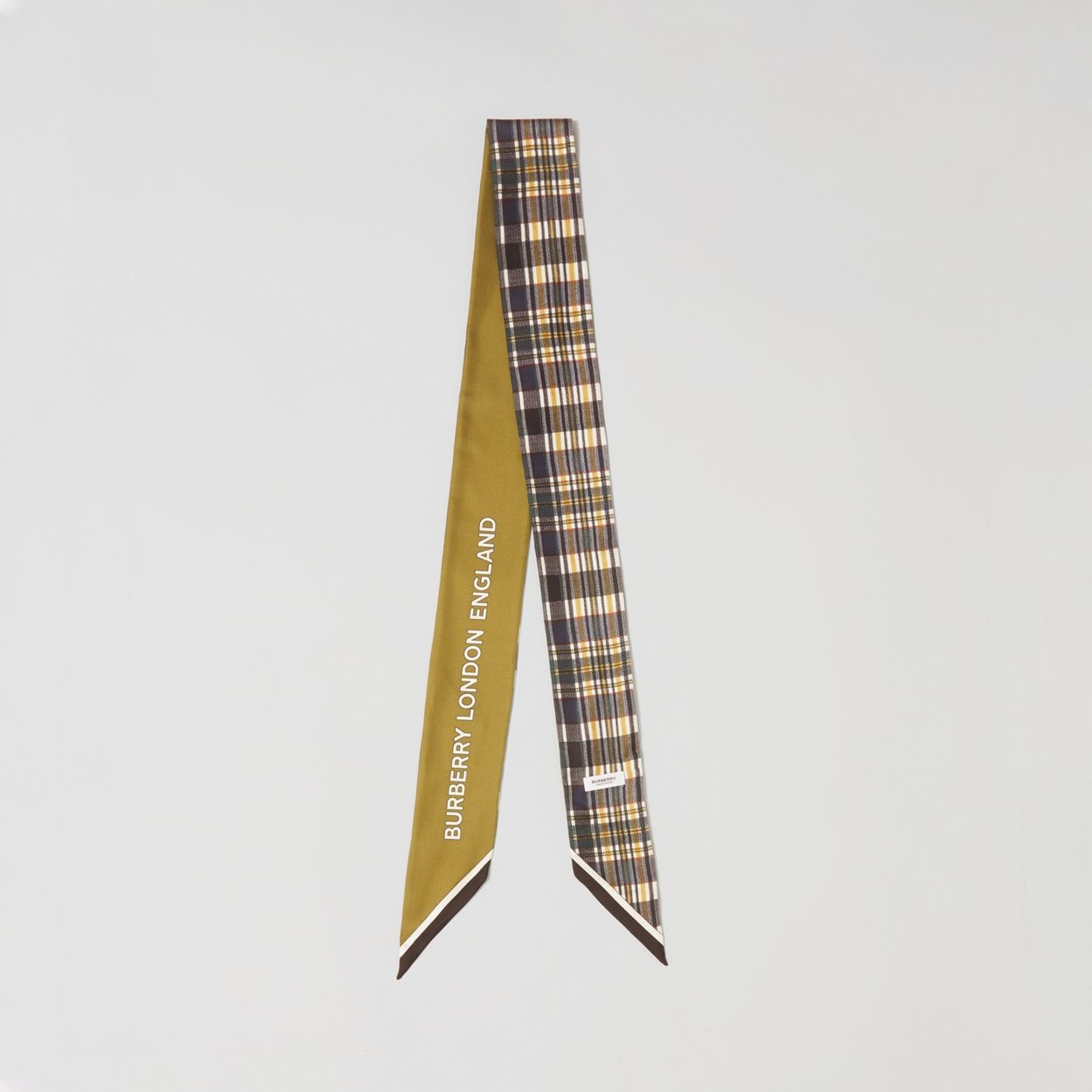 Check and Logo Print Silk Skinny Scarf - 1