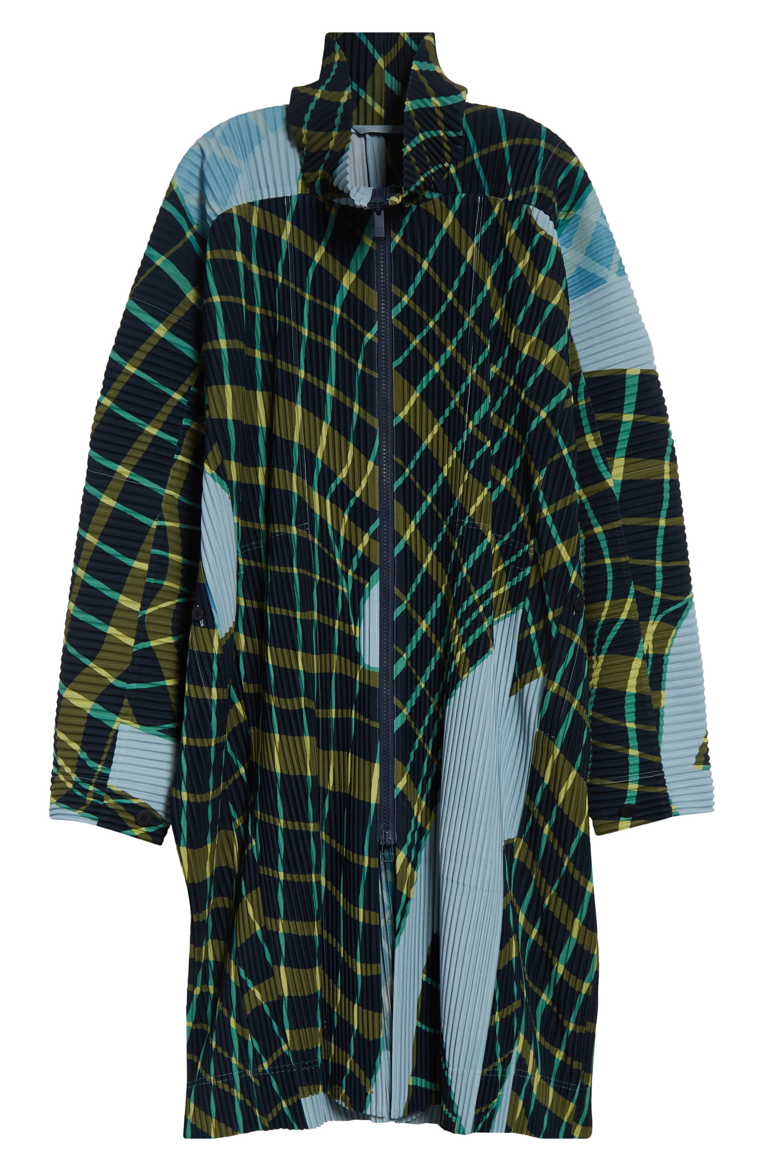 Homme Plissé Issey Miyake Windswept Plaid Pleated Coat in Blue Gray at Nordstrom - 7