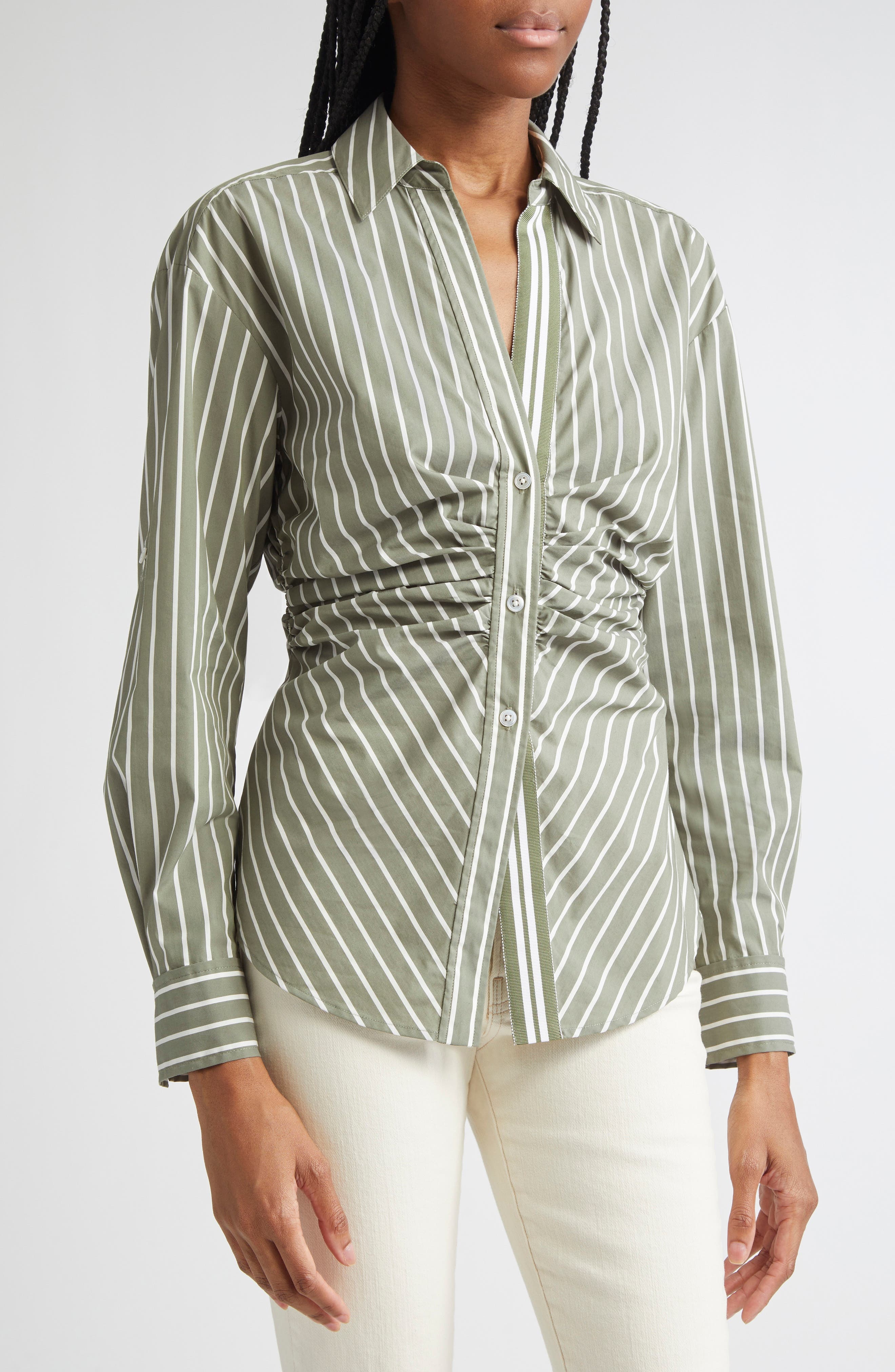 Veronica Beard Devra Stripe Ruched Cotton Blend Button-Up Shirt in Stone Army White at Nordstrom - 5