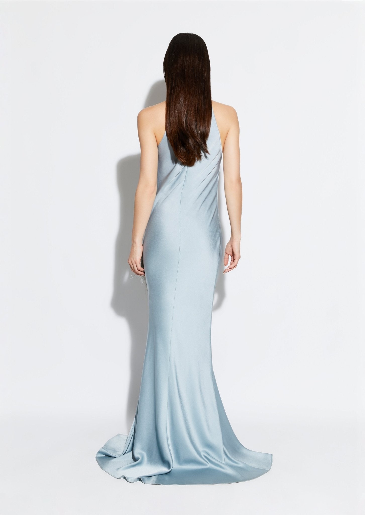 Satin Halter Gown with Feathers - 3