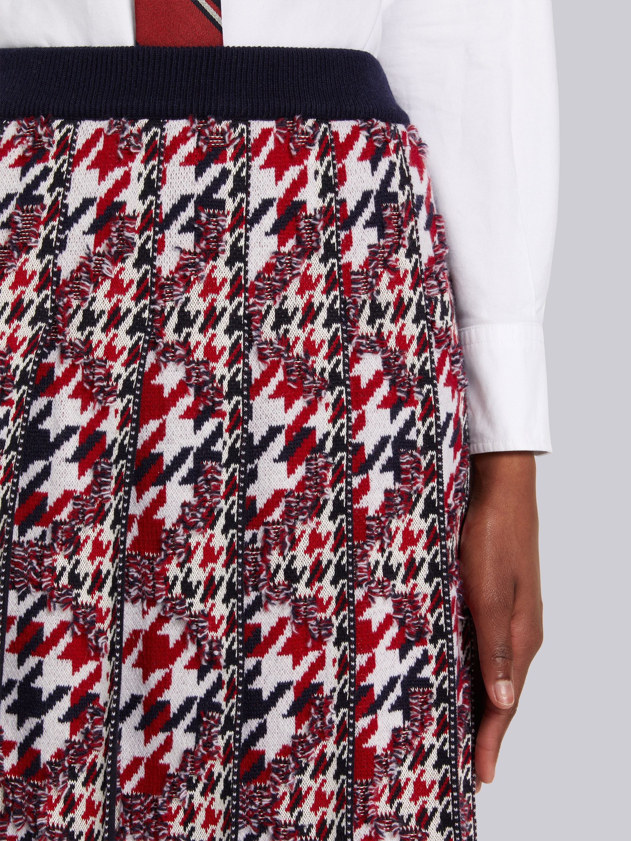 Multicolor Frayed Houndstooth Wool Cotton Jacquard Pleated Below-the-Knee Skirt - 5