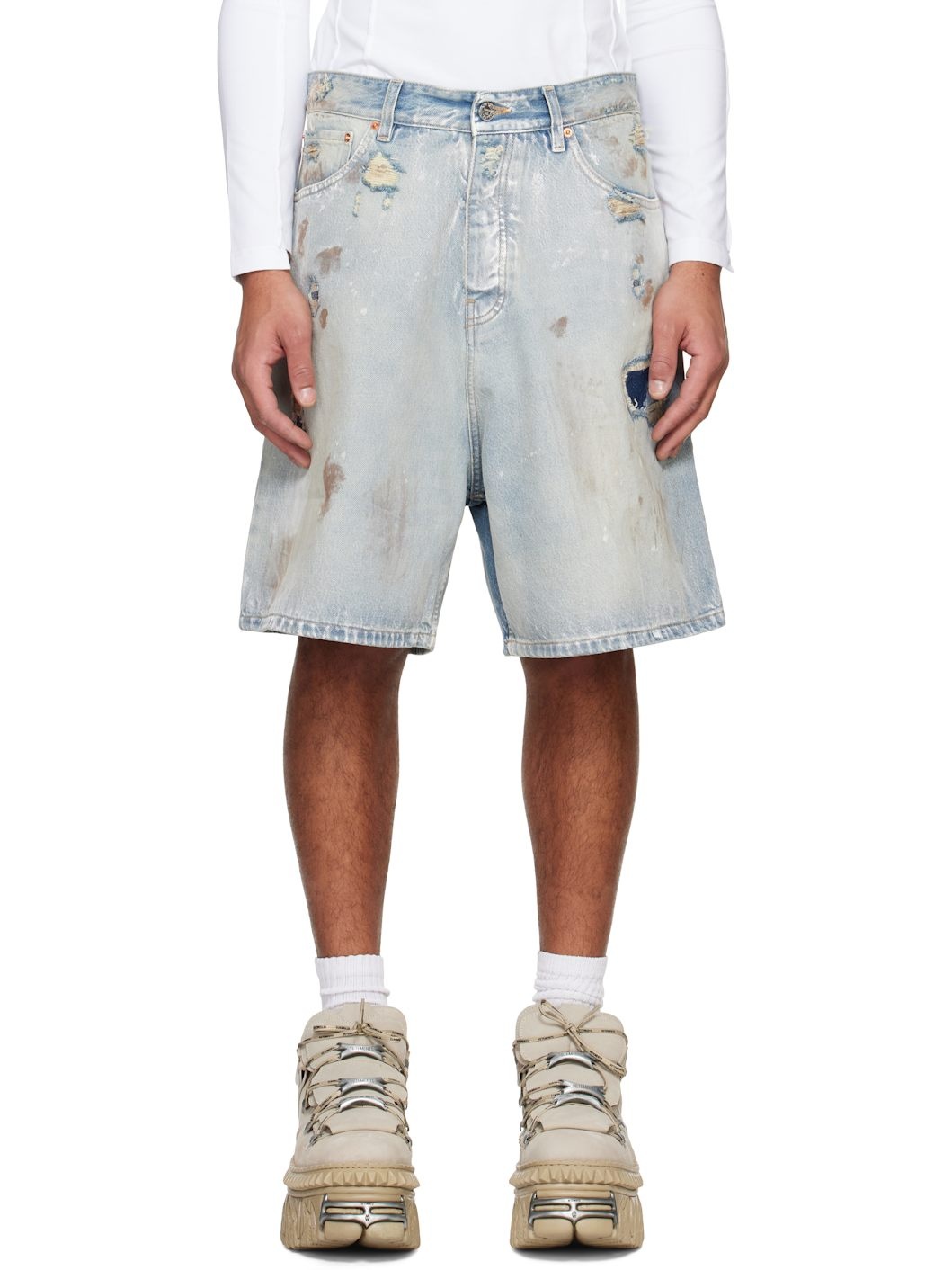 Blue Trashed Denim Shorts - 1