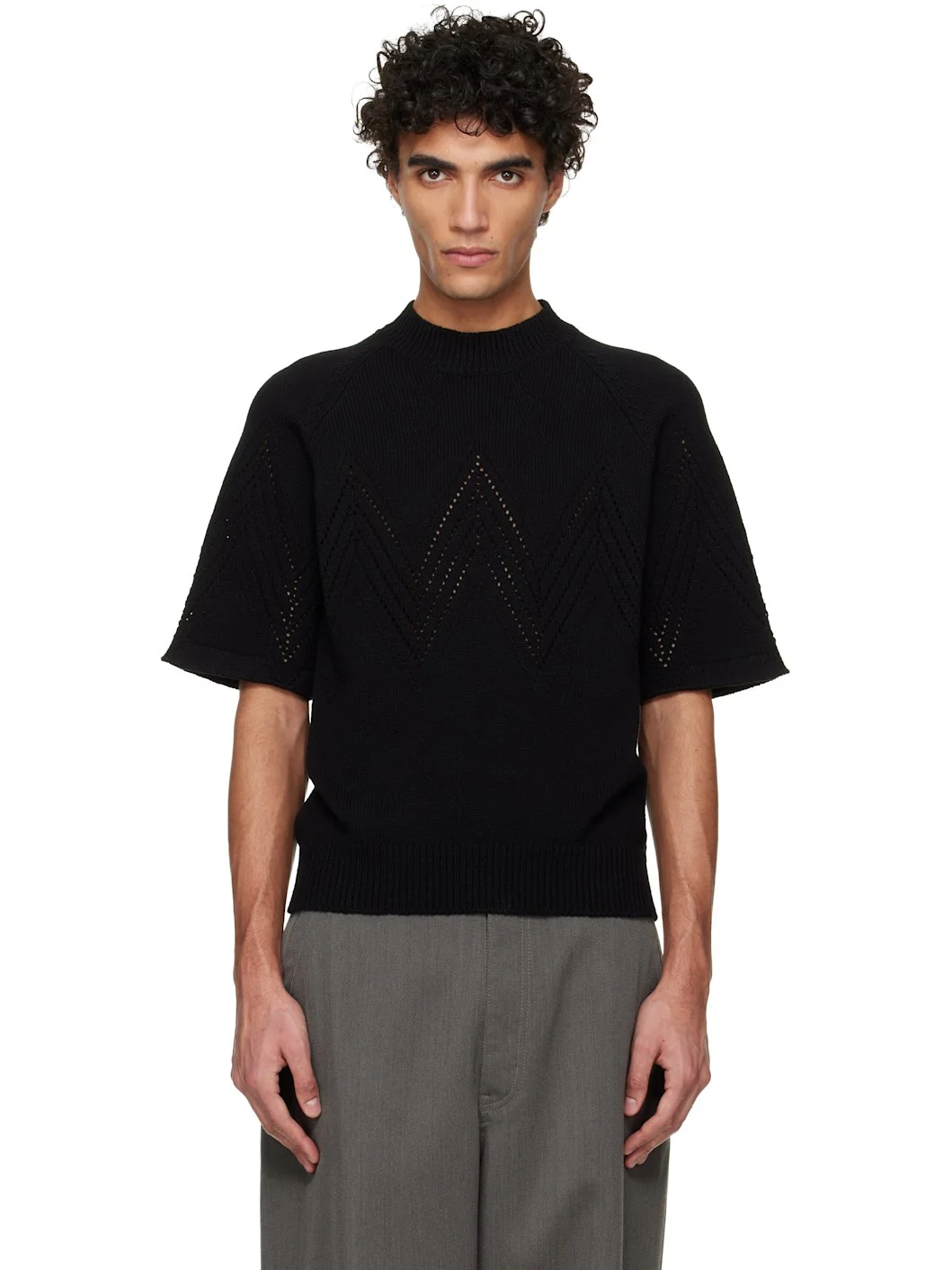 Black Pointelle Short Sleeve Sweater - 1