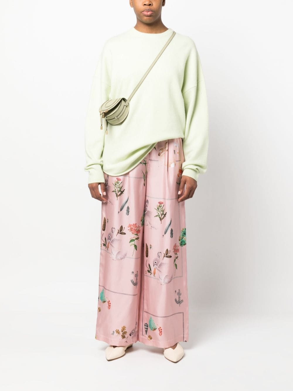 foliage-print silk palazzo trousers - 2