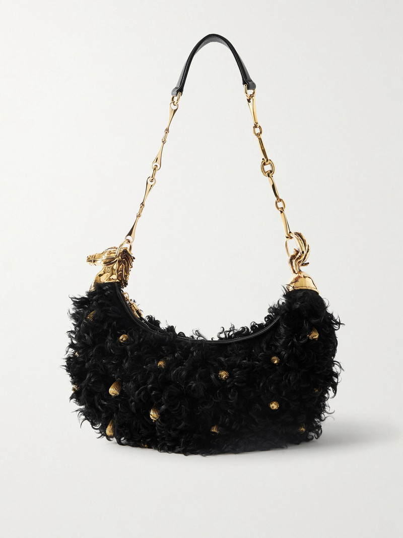 Chain Horse Embellished Shearling Shoulder Bag 1