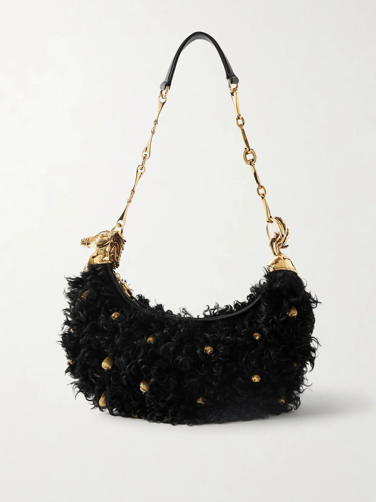 Chain Horse Embellished Shearling Shoulder Bag - 1