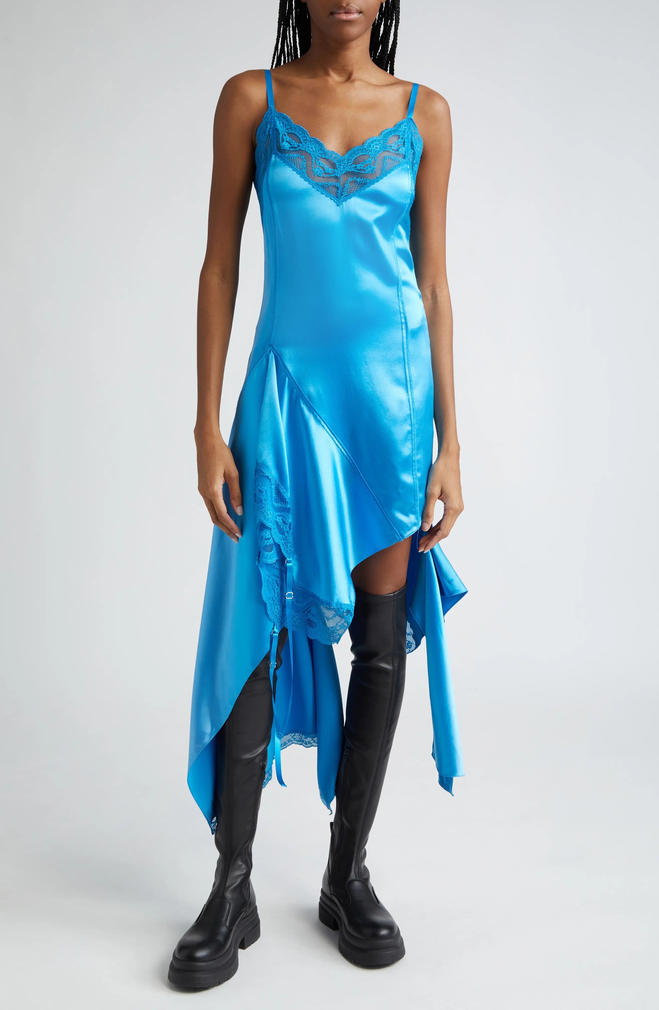 Lace Trim Asymmetric Silk Satin Midi Dress - 1