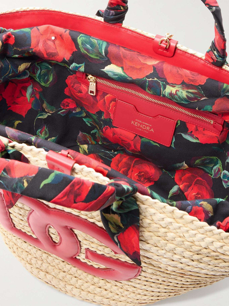 Kendra leather and floral-print satin twill-trimmed raffia tote 5