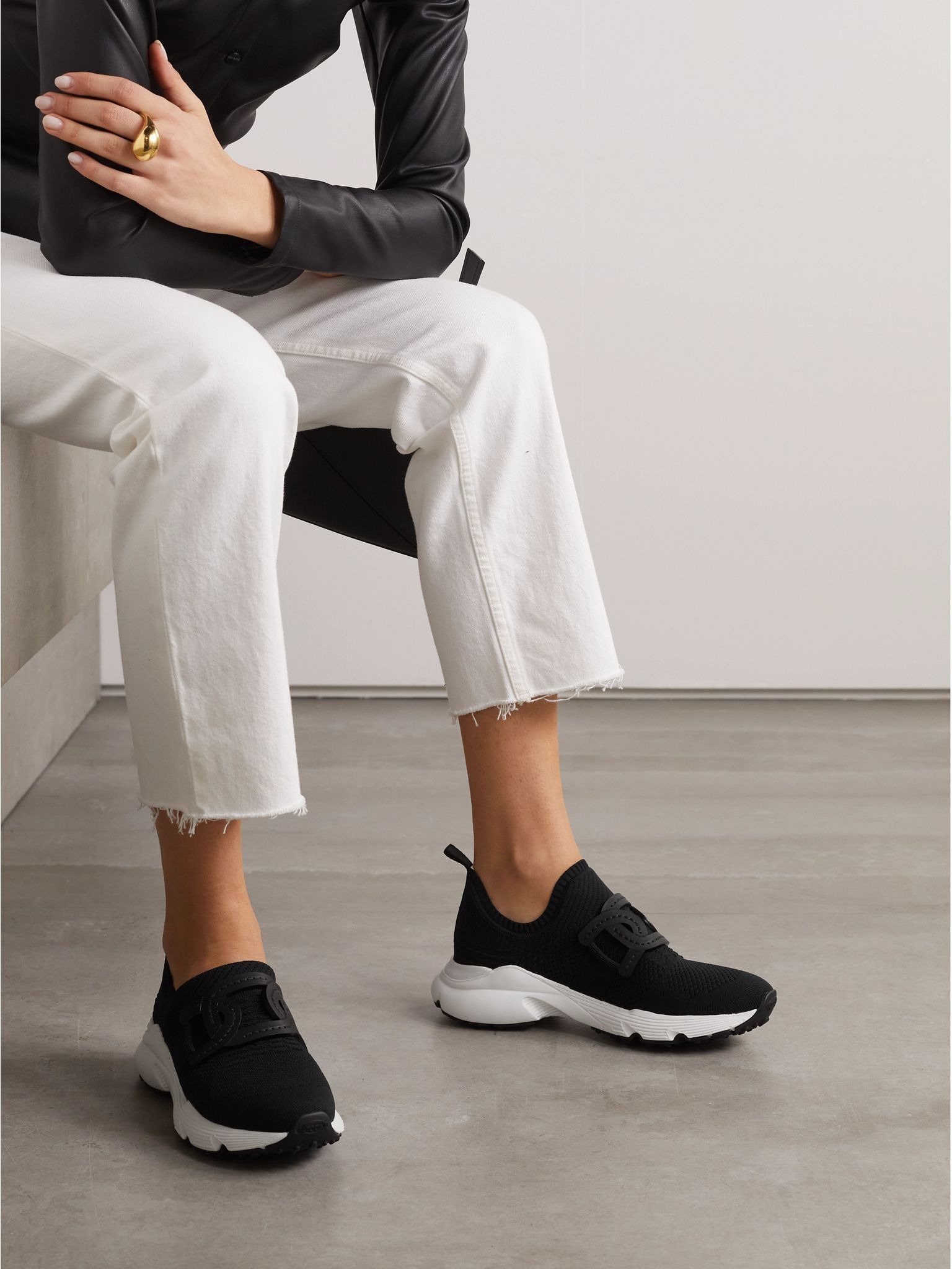 Leather-trimmed stretch-knit slip-on sneakers Black - 2