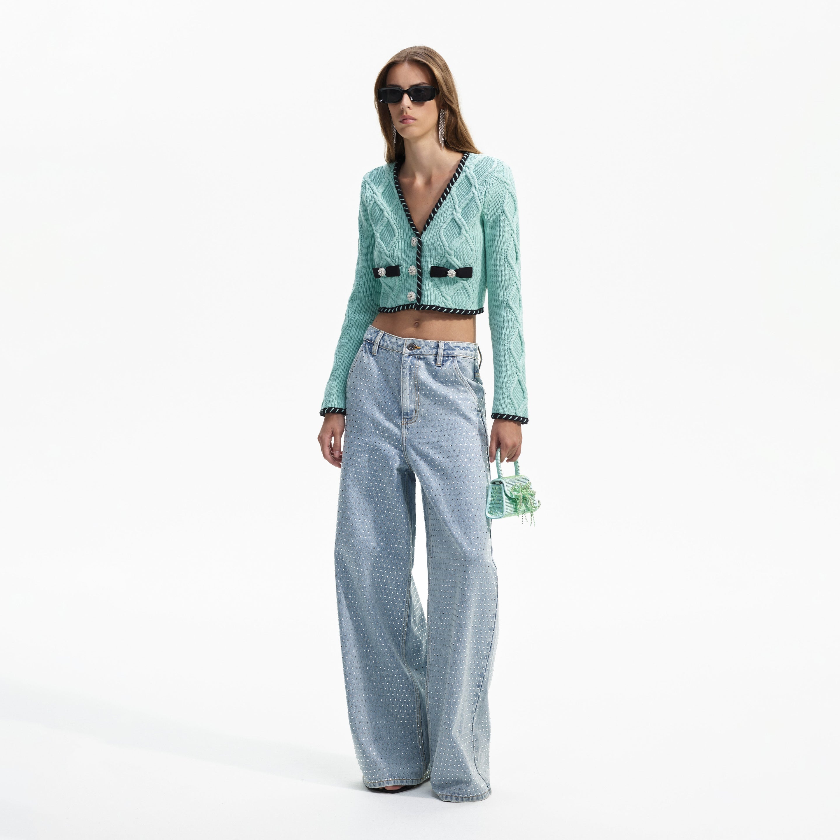 Mint Cable Knit Cropped Cardigan - 2