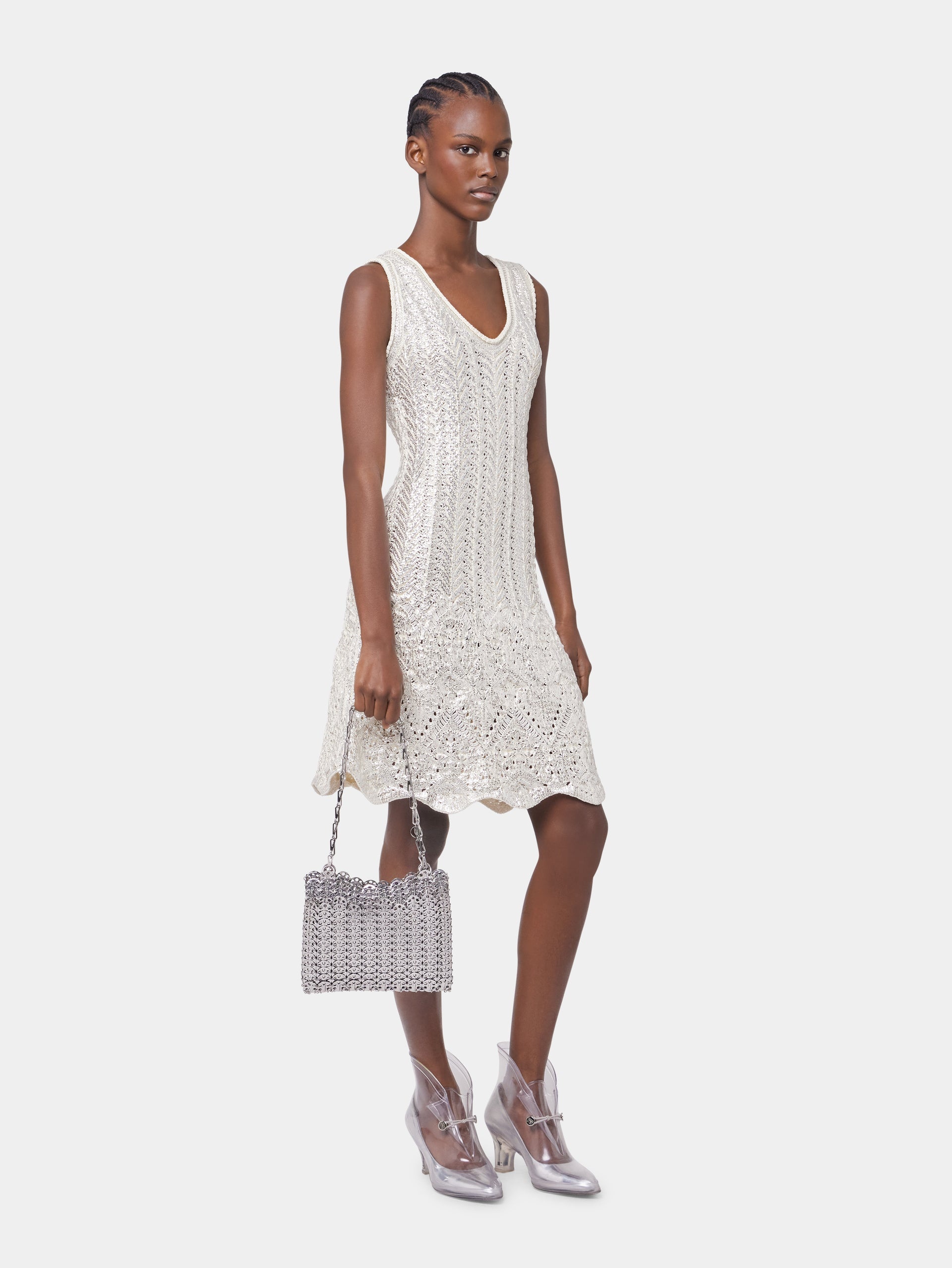 ECRU SHORT DRESS IN COTTON KNIT WITH SILVER INDUCTION - 4