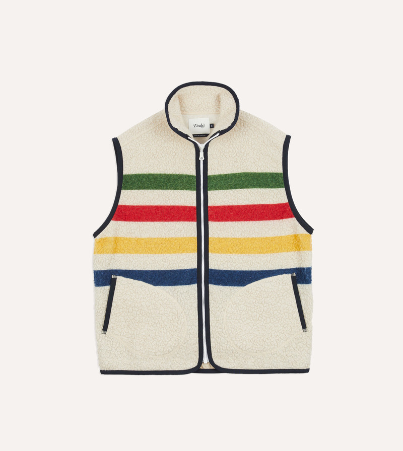 Ecru Stripe Boucle Wool Zip Fleece Vest 1