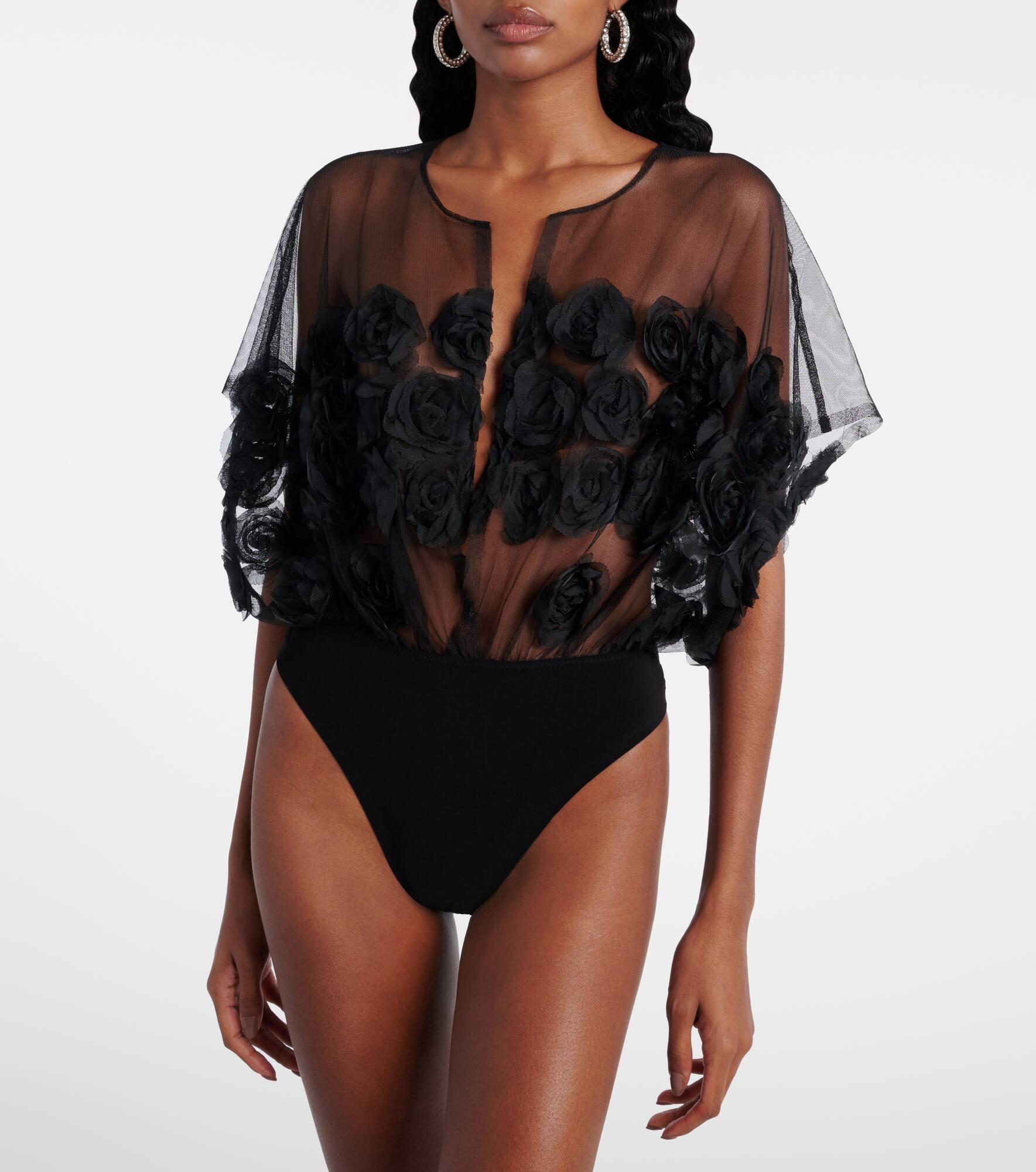 Floral-appliqué semi-sheer bodysuit - 3