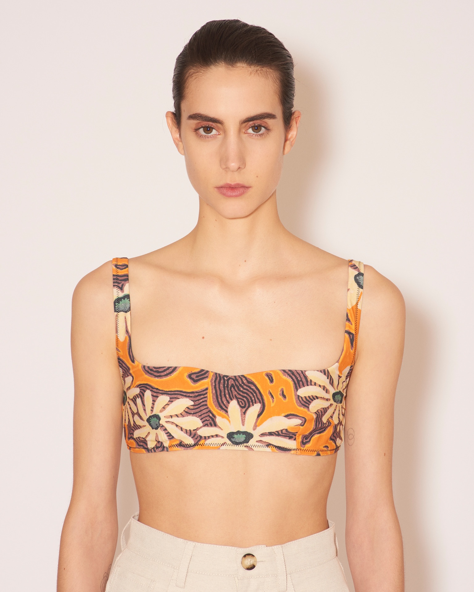 LONA - Matte-stretch floral bikini top - Orange - 1