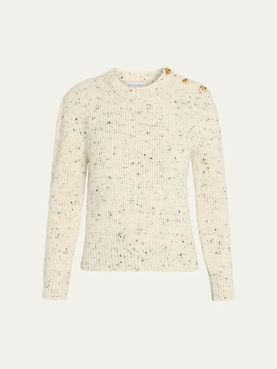 Button-Shoulder Speckled Rib Crewneck Sweater - 1