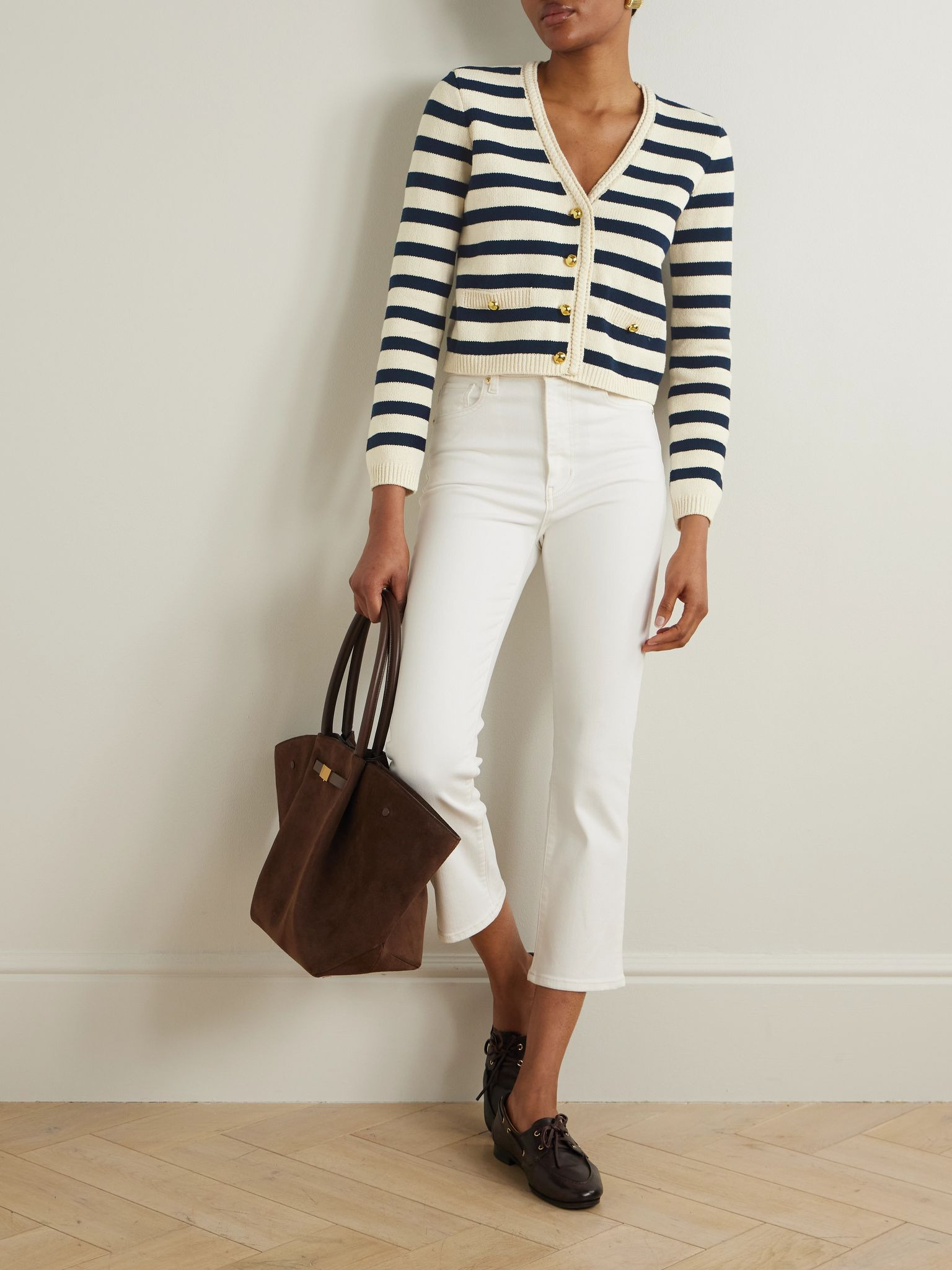 The Harbor striped cotton-blend cardigan Cream - 2