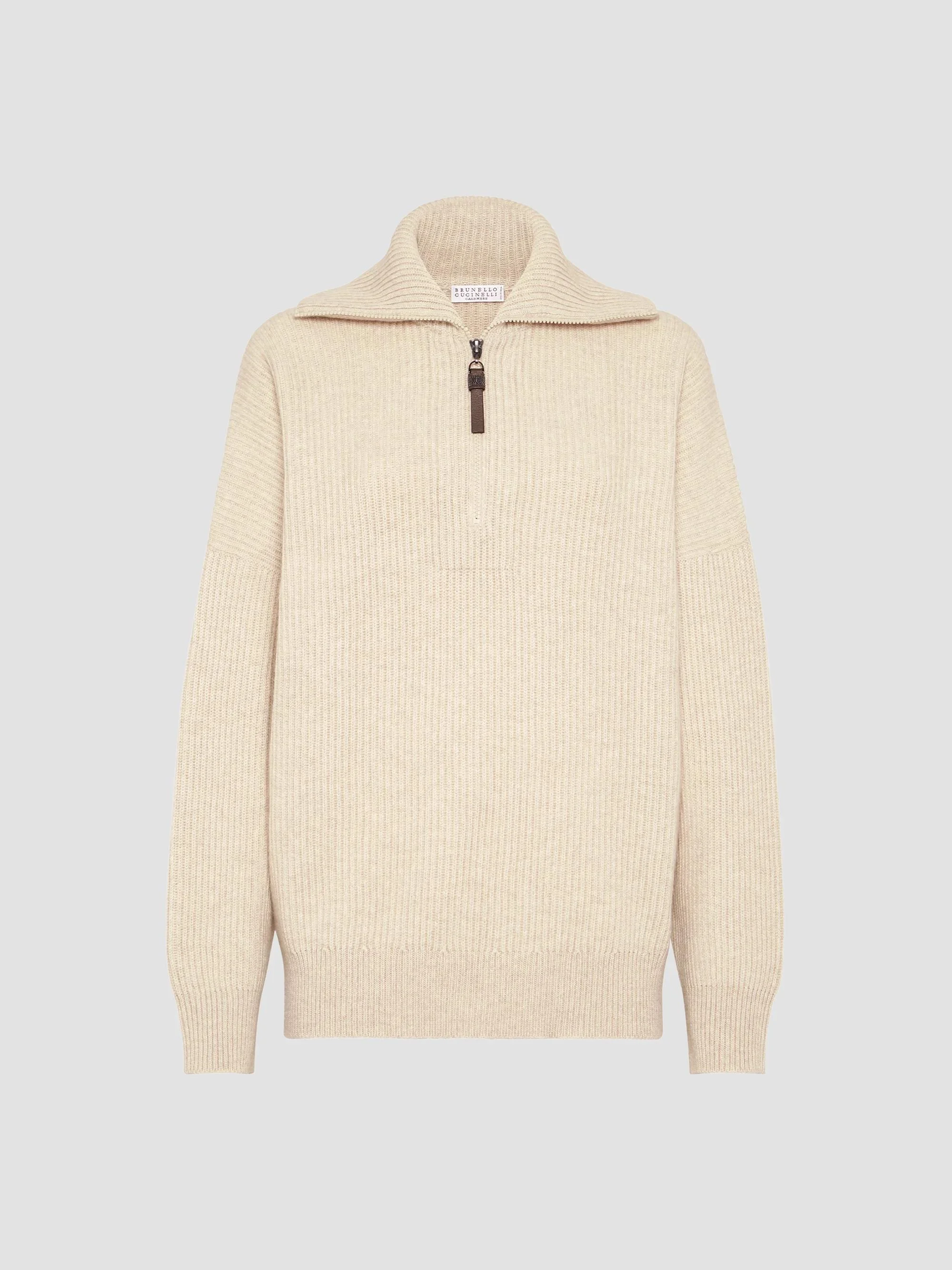 Women's Cashmere English Rib Sweater with Shiny Zipper Pull - Beige - 1