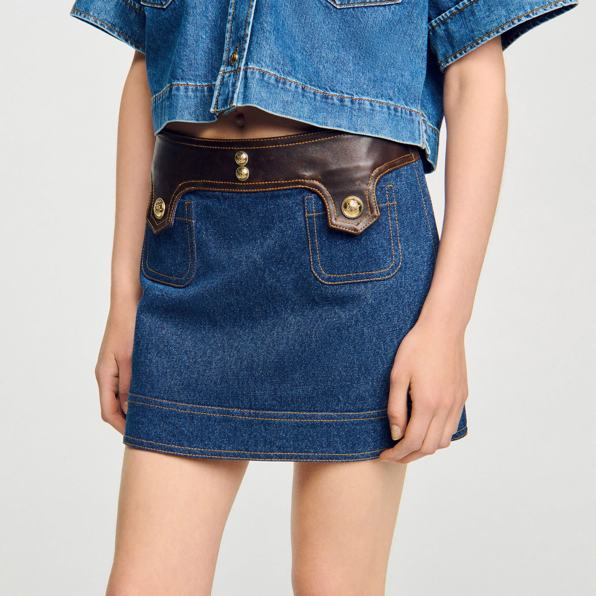 MINI DENIM AND LEATHER SKIRT - 3