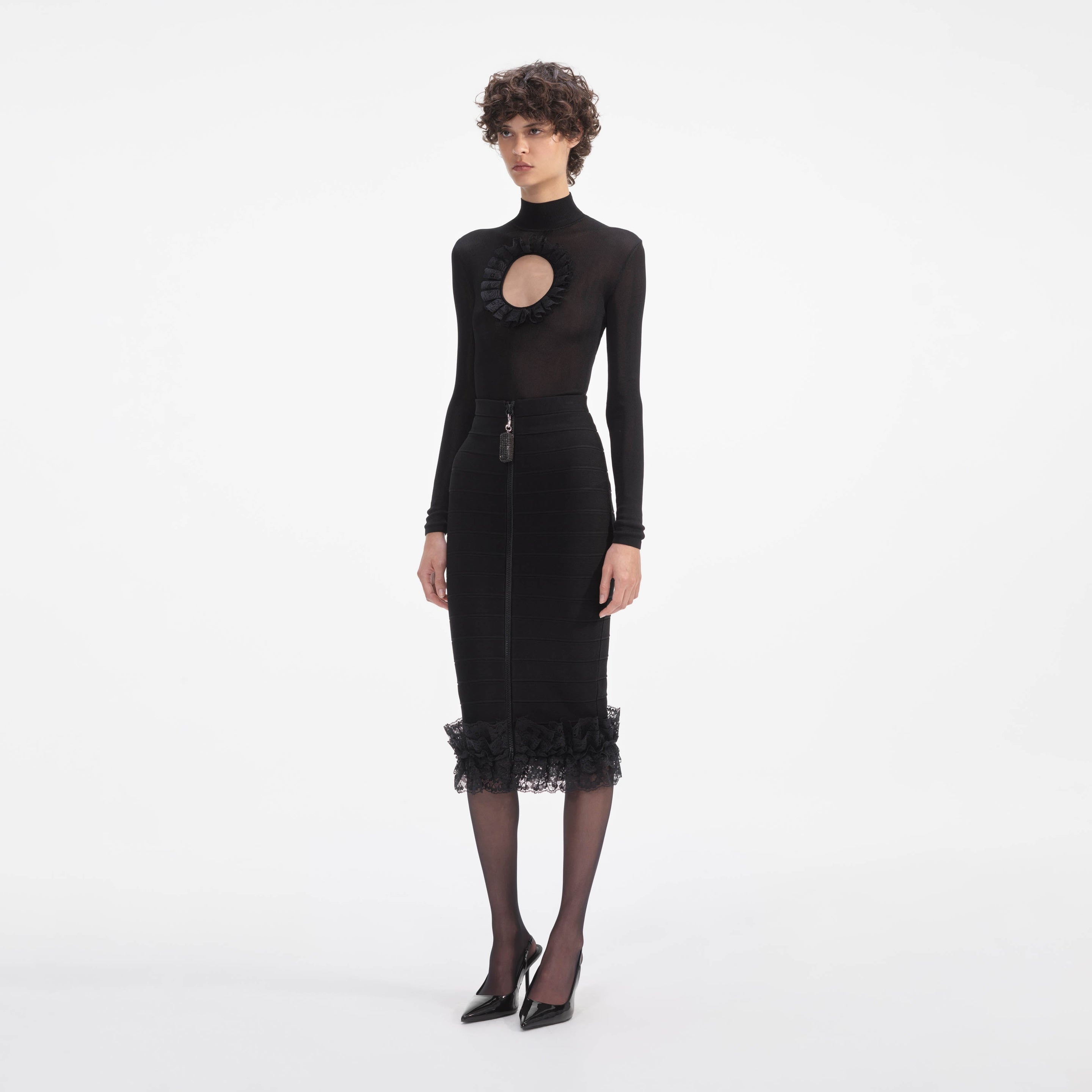 Black Ruffle Knit Midi Skirt - 2