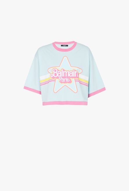 Balmain x Barbie - Blue eco-designed cotton cropped T-shirt with pink Balmain logo print - 1