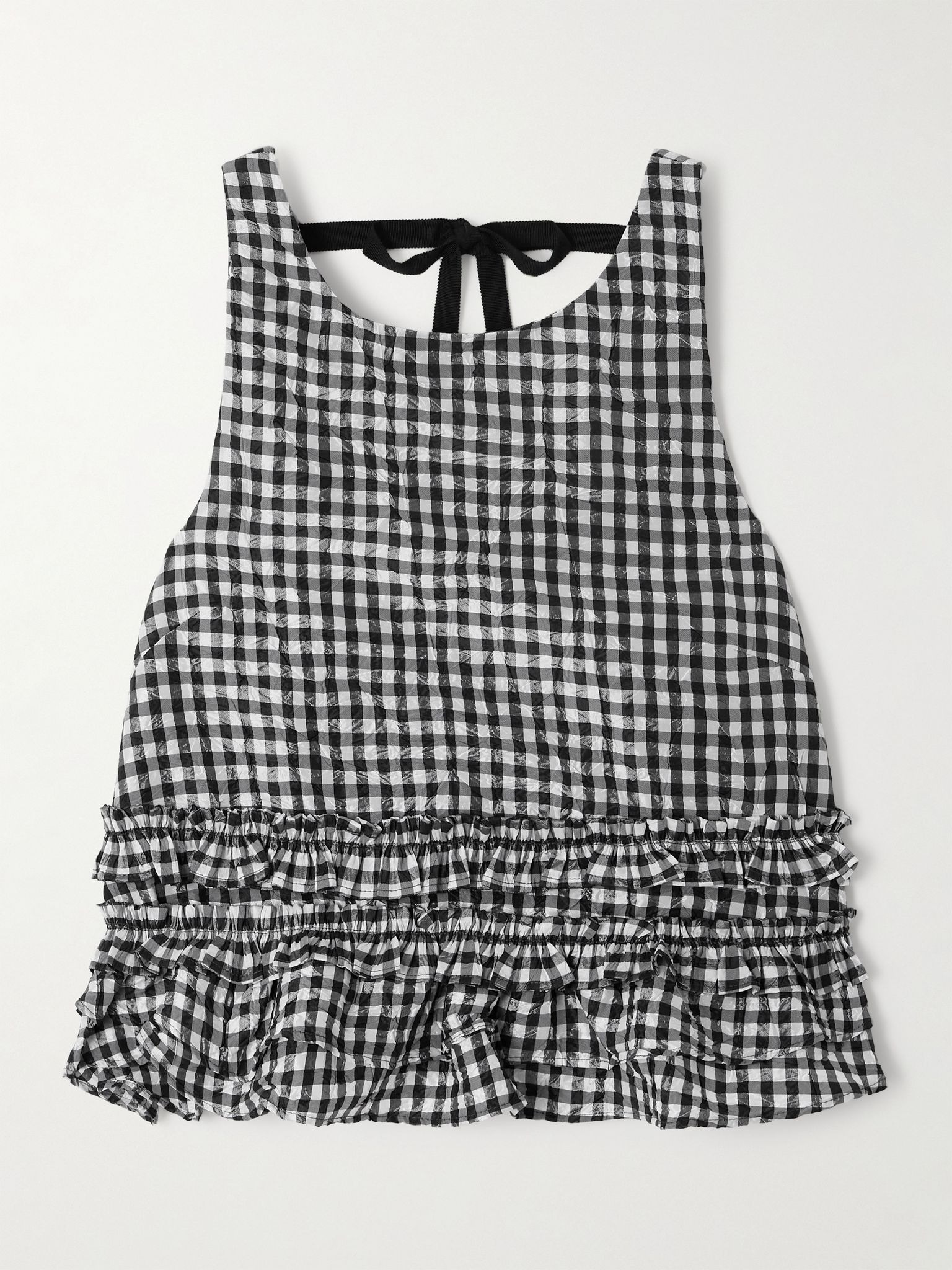 Grosgrain-trimmed ruffled gingham crinkled recycled-taffeta top Black - 1