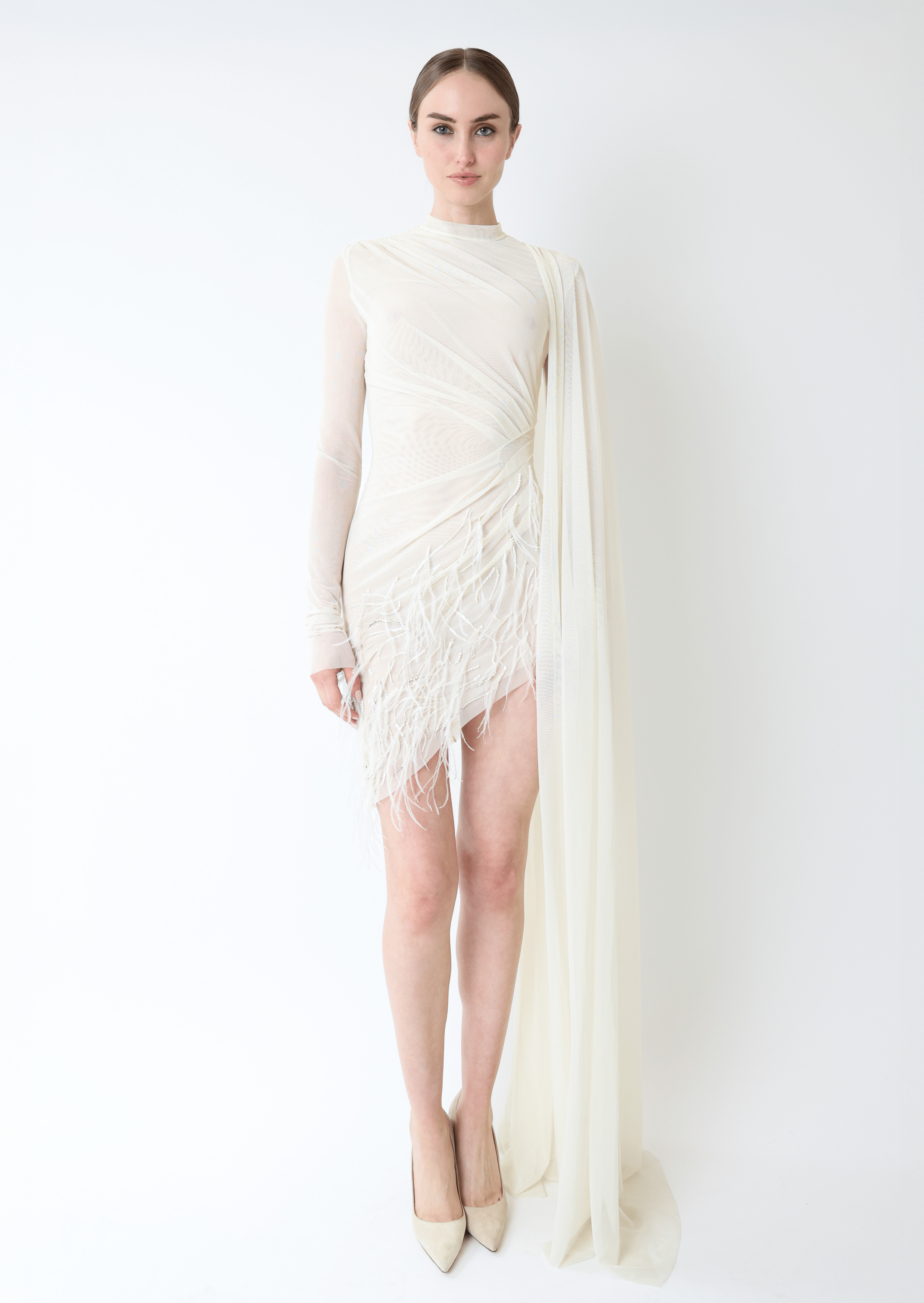 Mesh High Neck Cape Dress With Feathers - 2