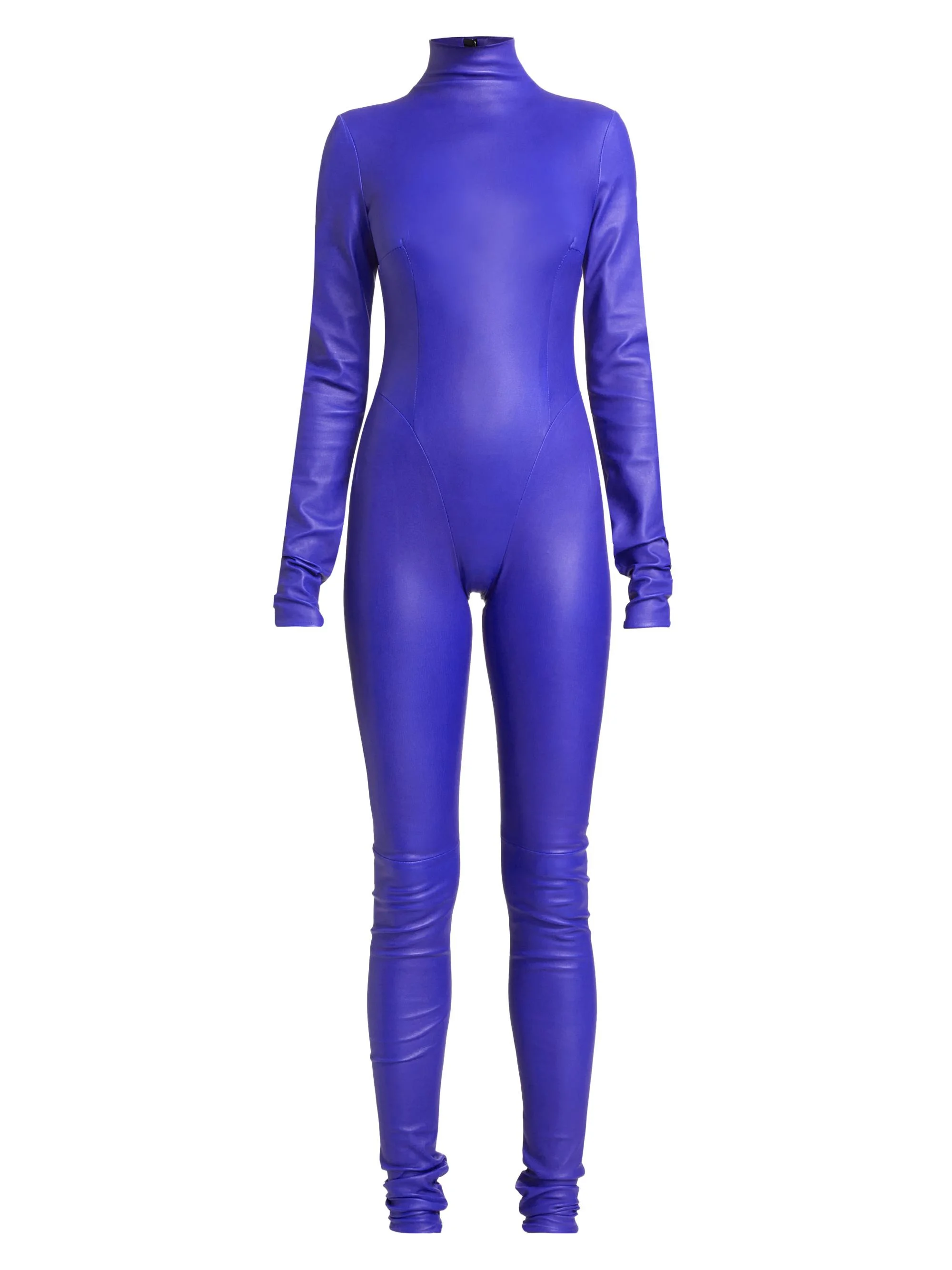 Women's Leather Mock Turtleneck Catsuit - Blue - 1