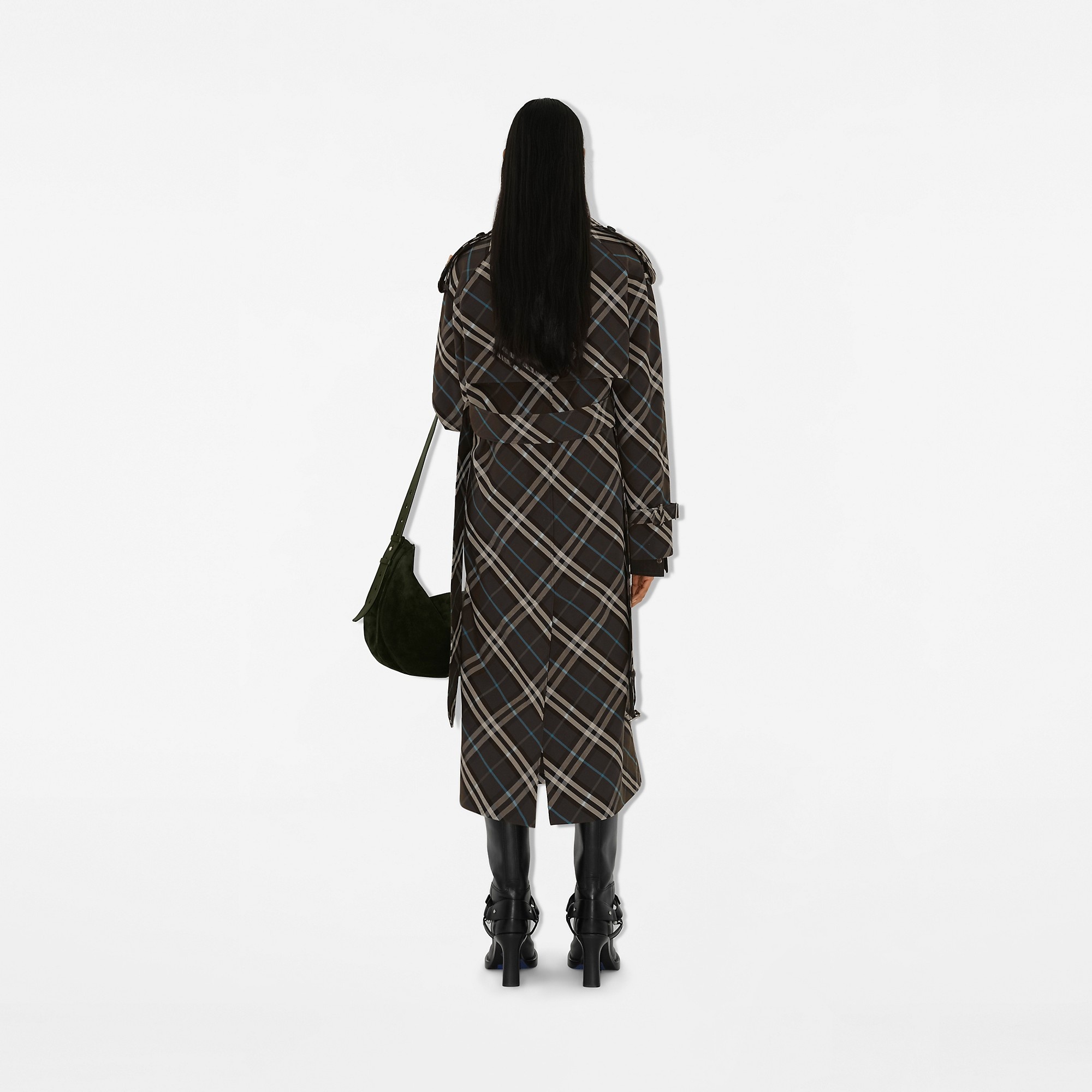 Long Check Cotton Blend Trench Coat - 4