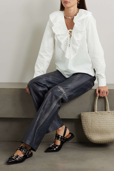 GANNI Ruffled lace-up organic cotton-poplin blouse outlook