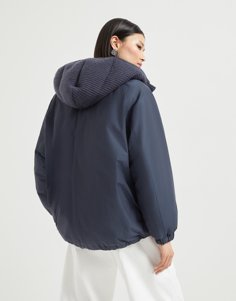 Brunello Cucinelli Techno cotton water-resistant taffeta down jacket with detachable hood and shiny zipper pull outlook