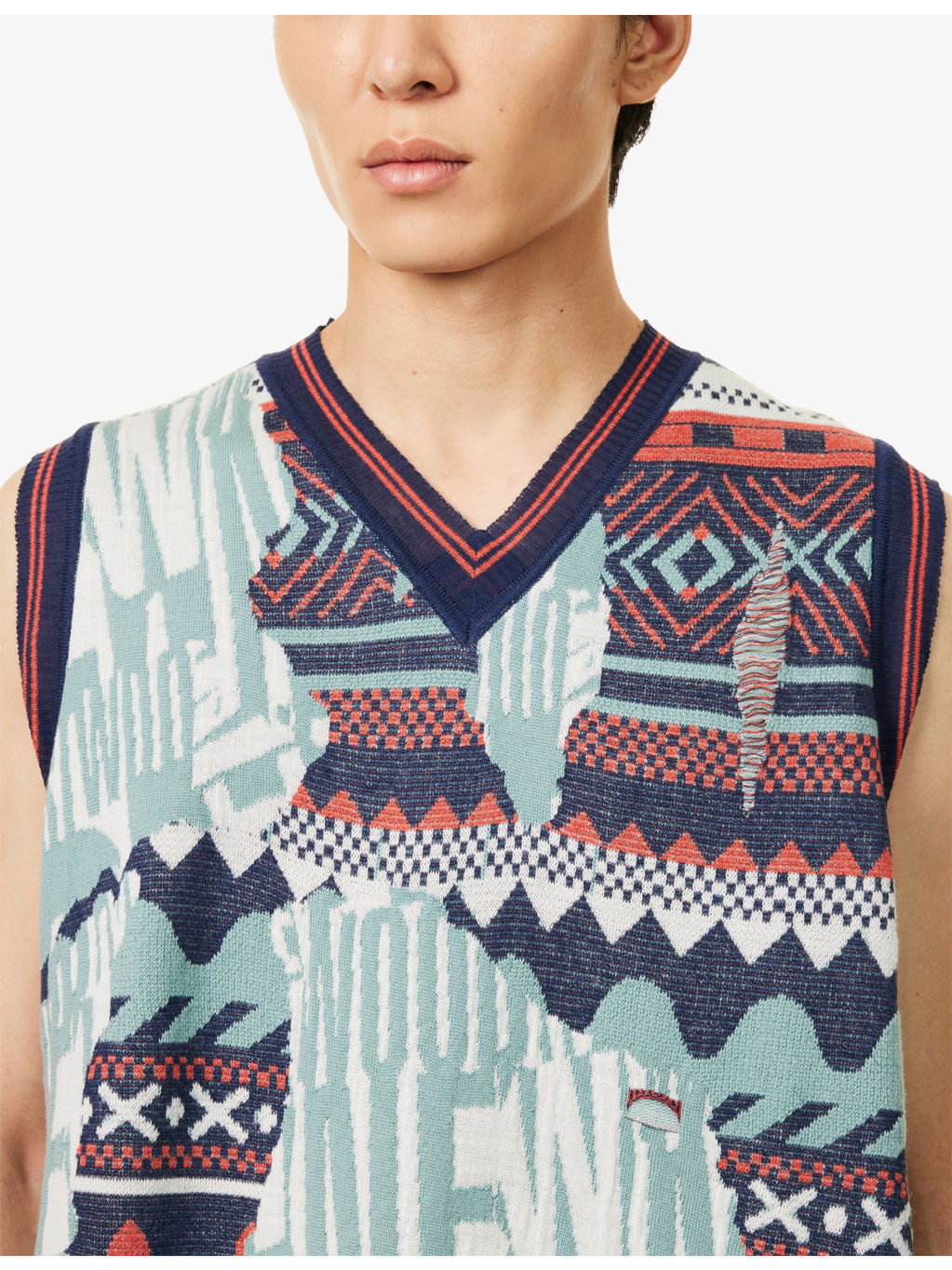 Broken Fair Isle V-Neck Wool, Linen And Cotton Vest - 5