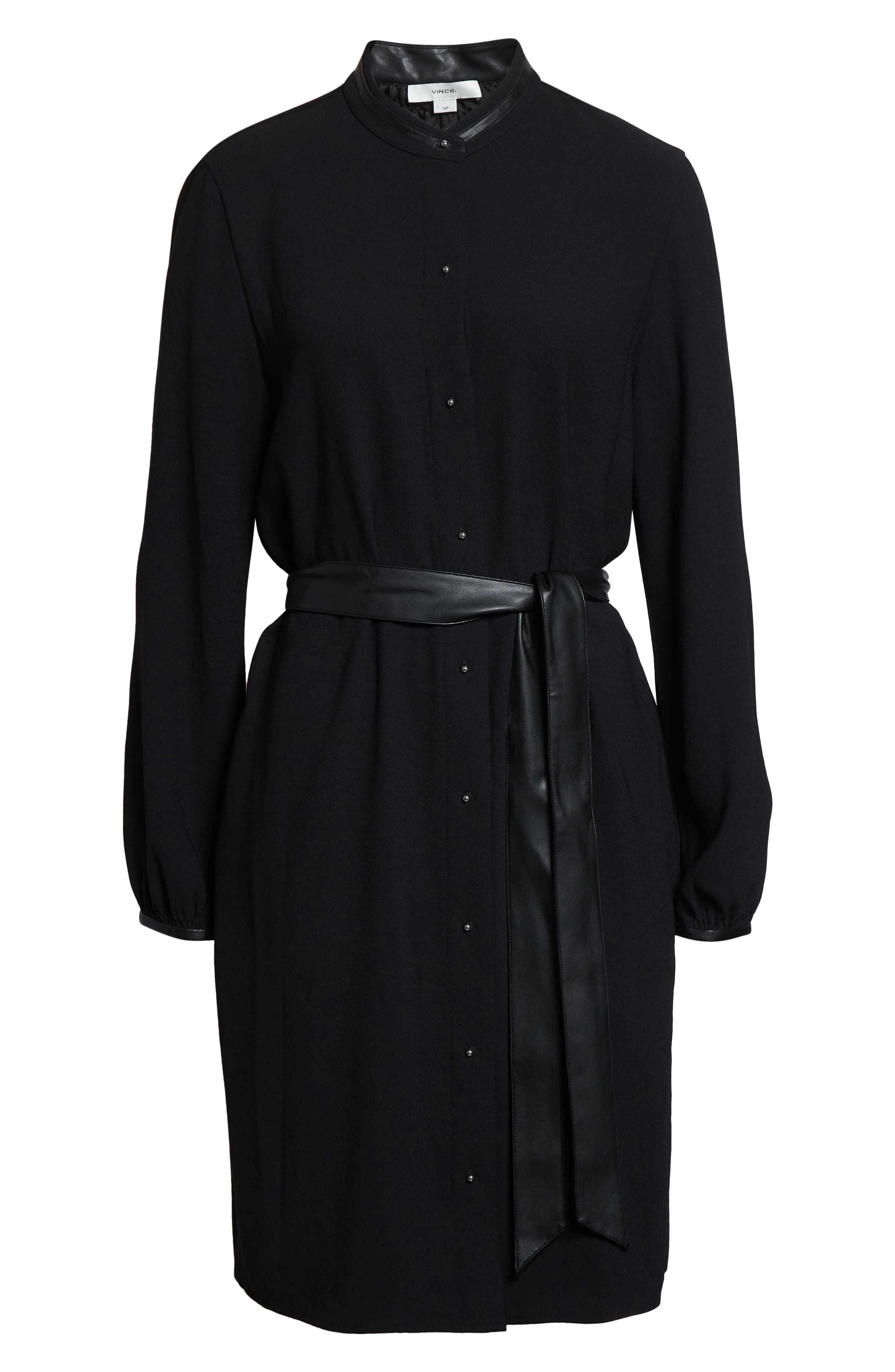 Vince Faux Leather Trim Long Sleeve Shirtdress in Black at Nordstrom - 5
