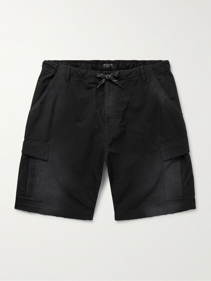 Wide-Leg Distressed Cotton-Ripstop Drawstring Cargo Shorts Black 1