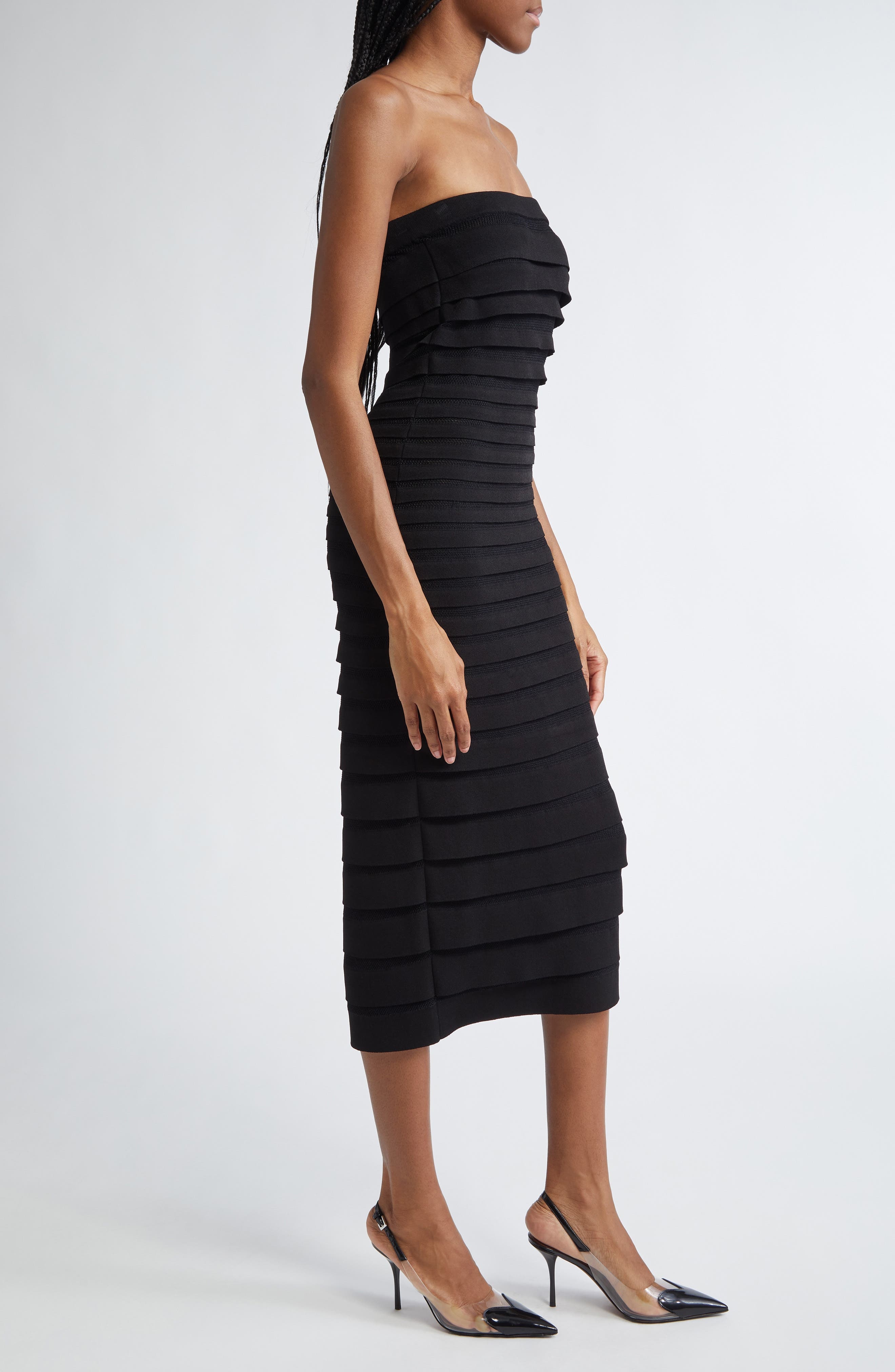 Alaïa 3D Stripe Strapless Midi Dress in Noir Alaia at Nordstrom - 3
