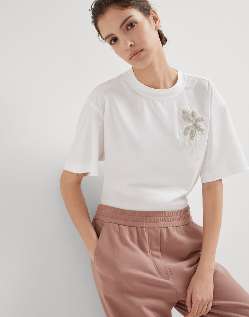 Cotton jersey T-shirt with precious flower crest 4