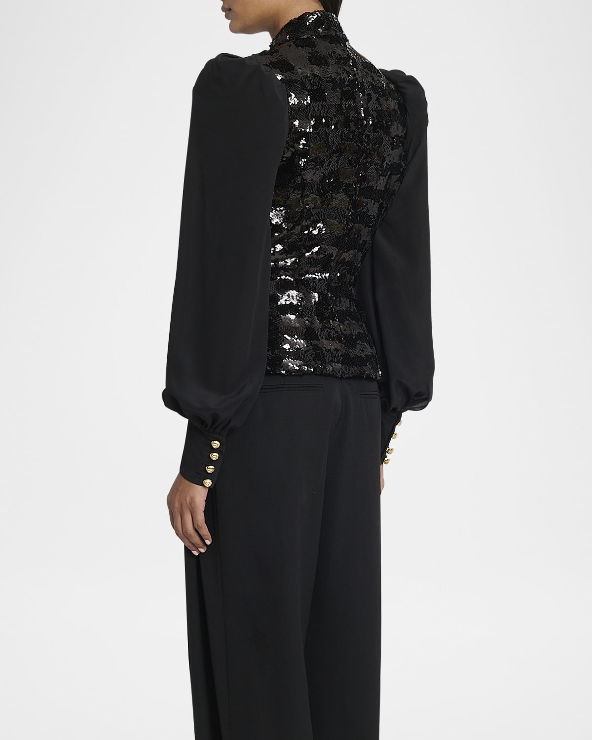 Sequined Double-Breasted Blazer with Muslin Sleeves - 6