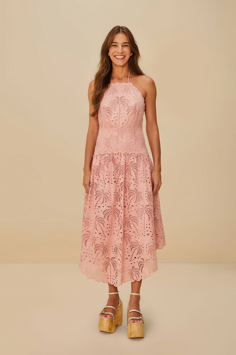 FARM RIO Blush Pink Palm Tree Eyelet Midi Dress outlook